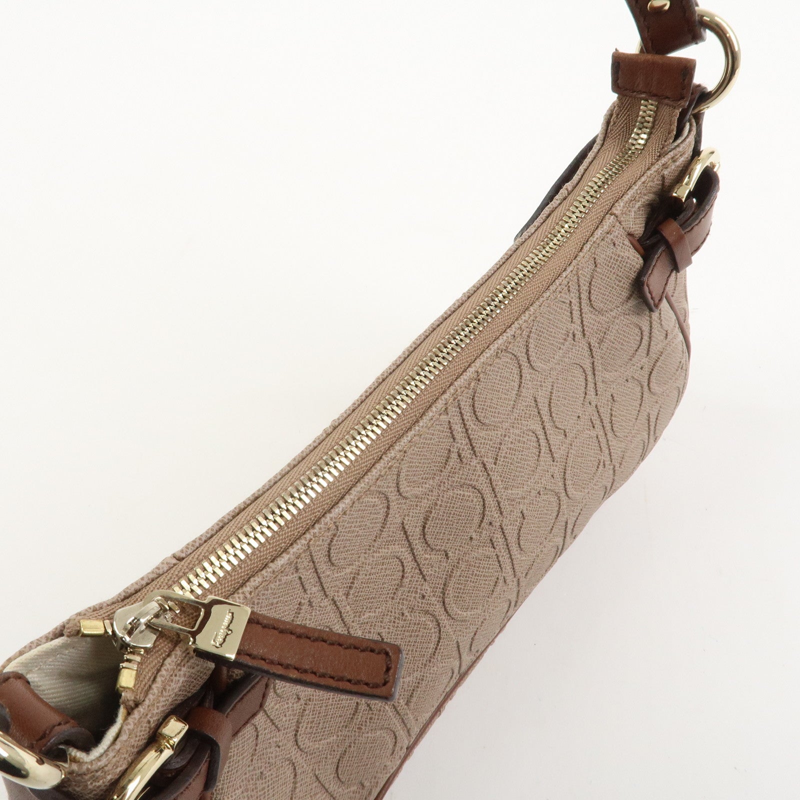 Ferragamo Gancini PVC Canvas Leather Shoulder Bag Hand Bag Brown