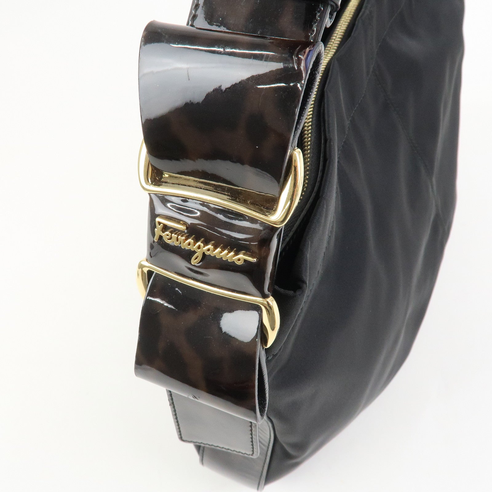 Ferragamo Nylon Patent Leather Shoulder Bag Hand Bag Leopard Black