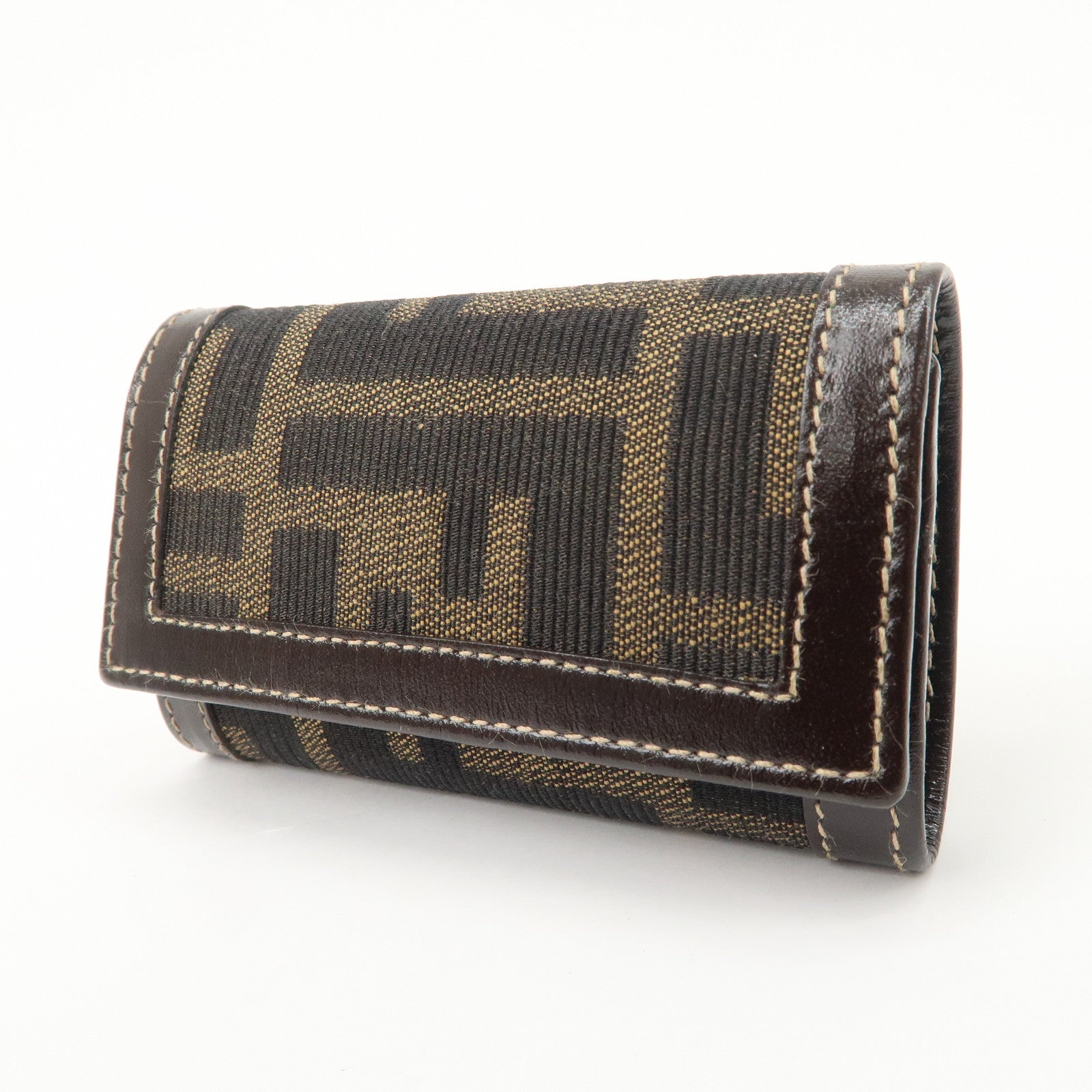 FENDI Zucca Canvas Leather 6 Ring Key Case Brown Black 10163
