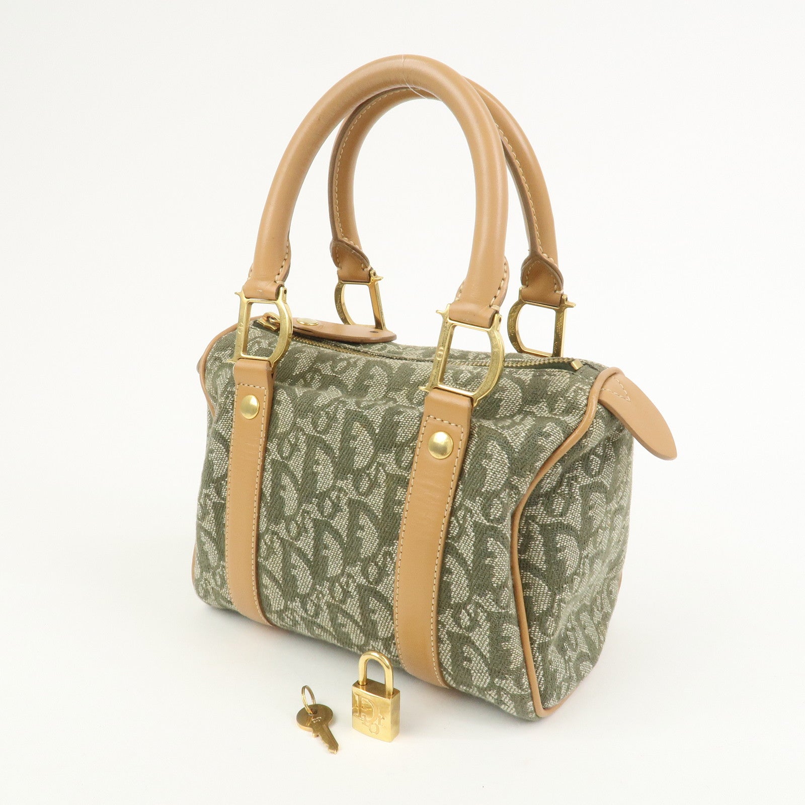 Christian Dior Trotter Jacquard Canvas Leather Boston Bag Hand Bag