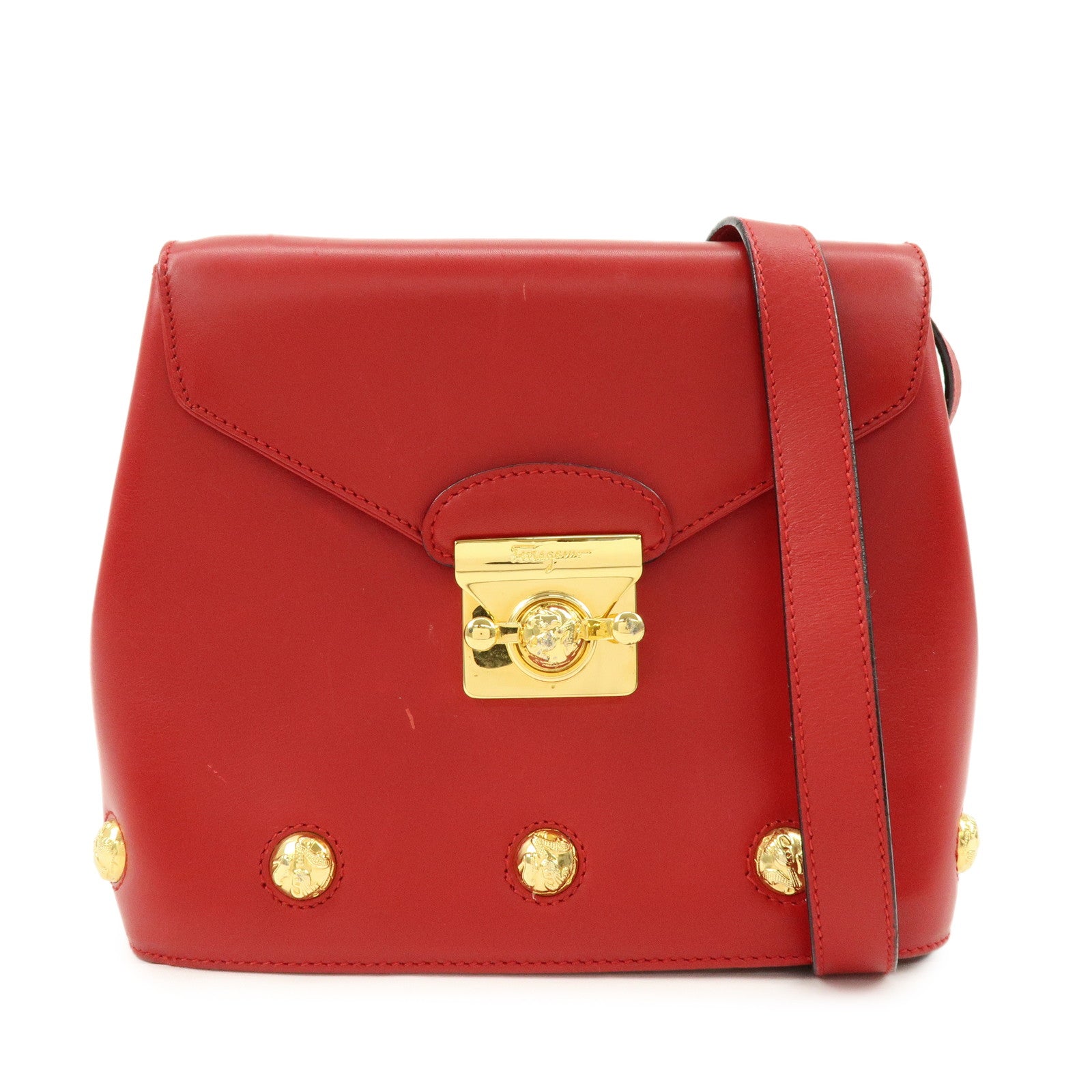 Ferragamo Leather Studs Shoulder Bag Red