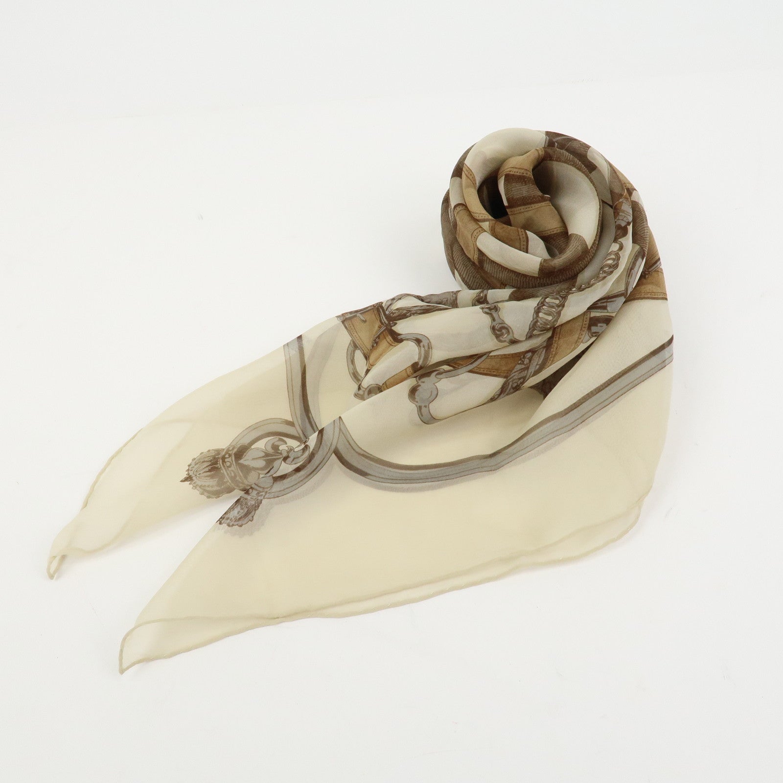 HERMES Carre 90 Silk 100% Scarf CAVALCADOUR Ivory Brown