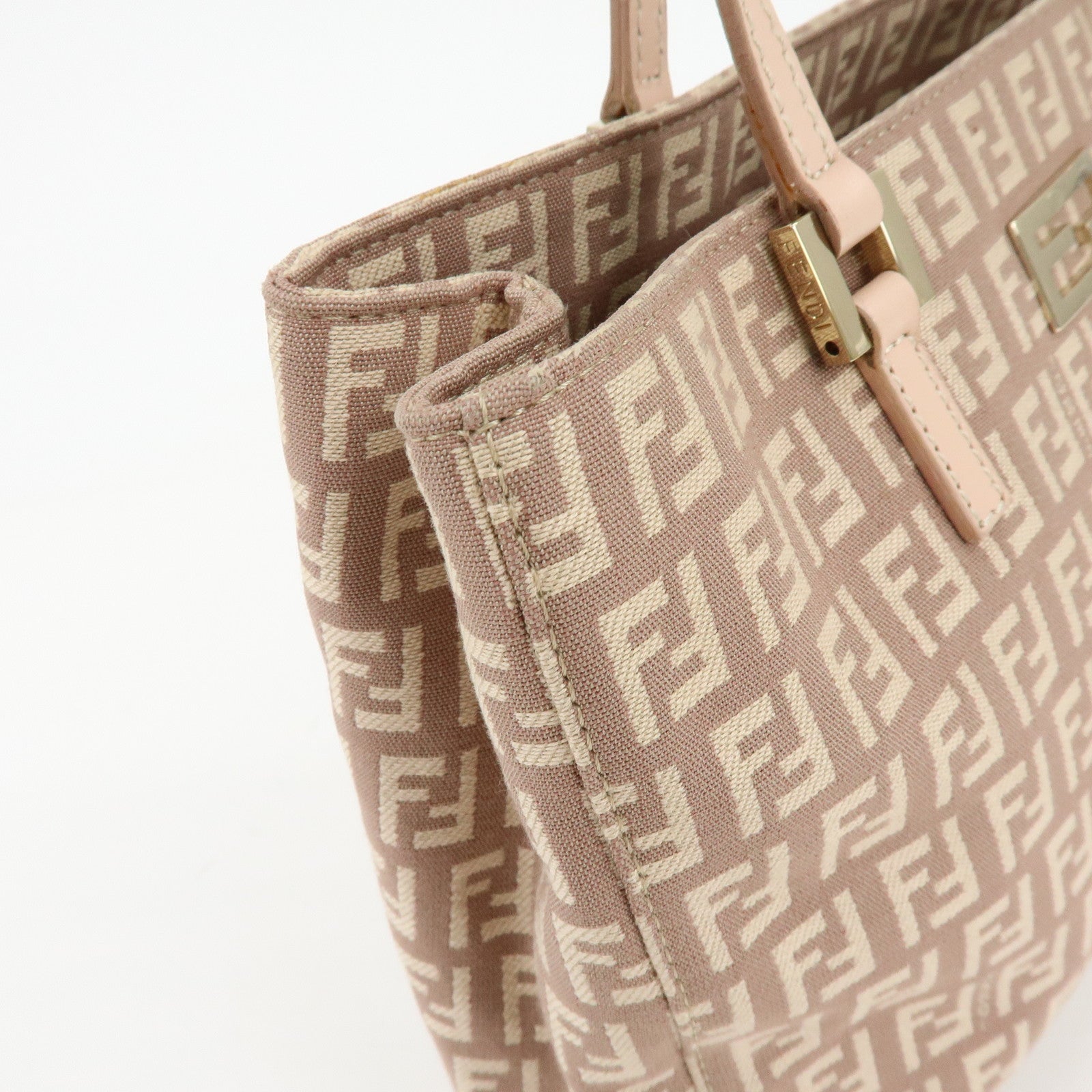 FENDI Zucchino Canvas Leather Hand Bag Tote Bag Pink Beige 8BH132