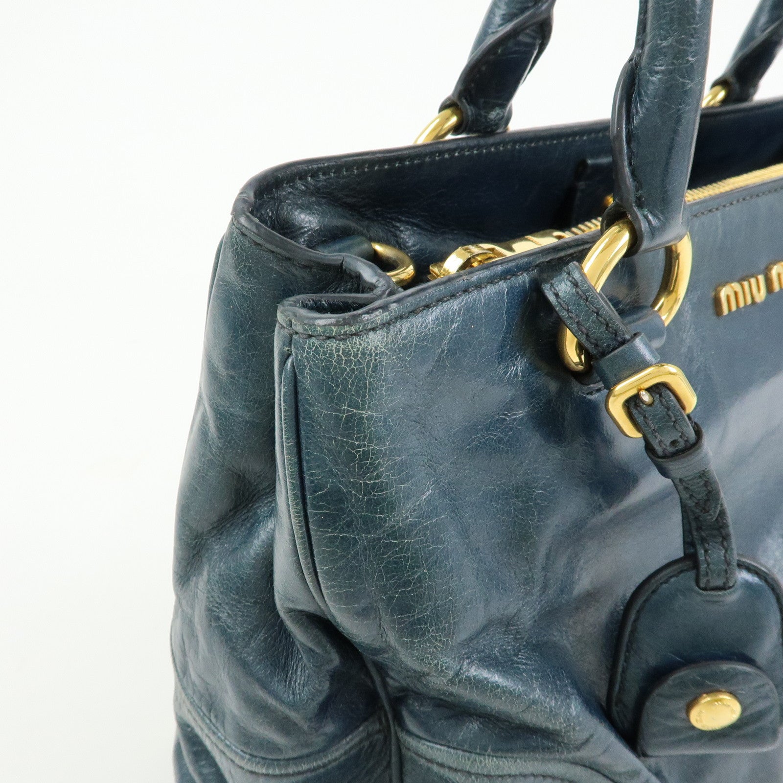 MIU MIU Logo Leather 2Way Bag Hand Bag Shoulder Bag Navy