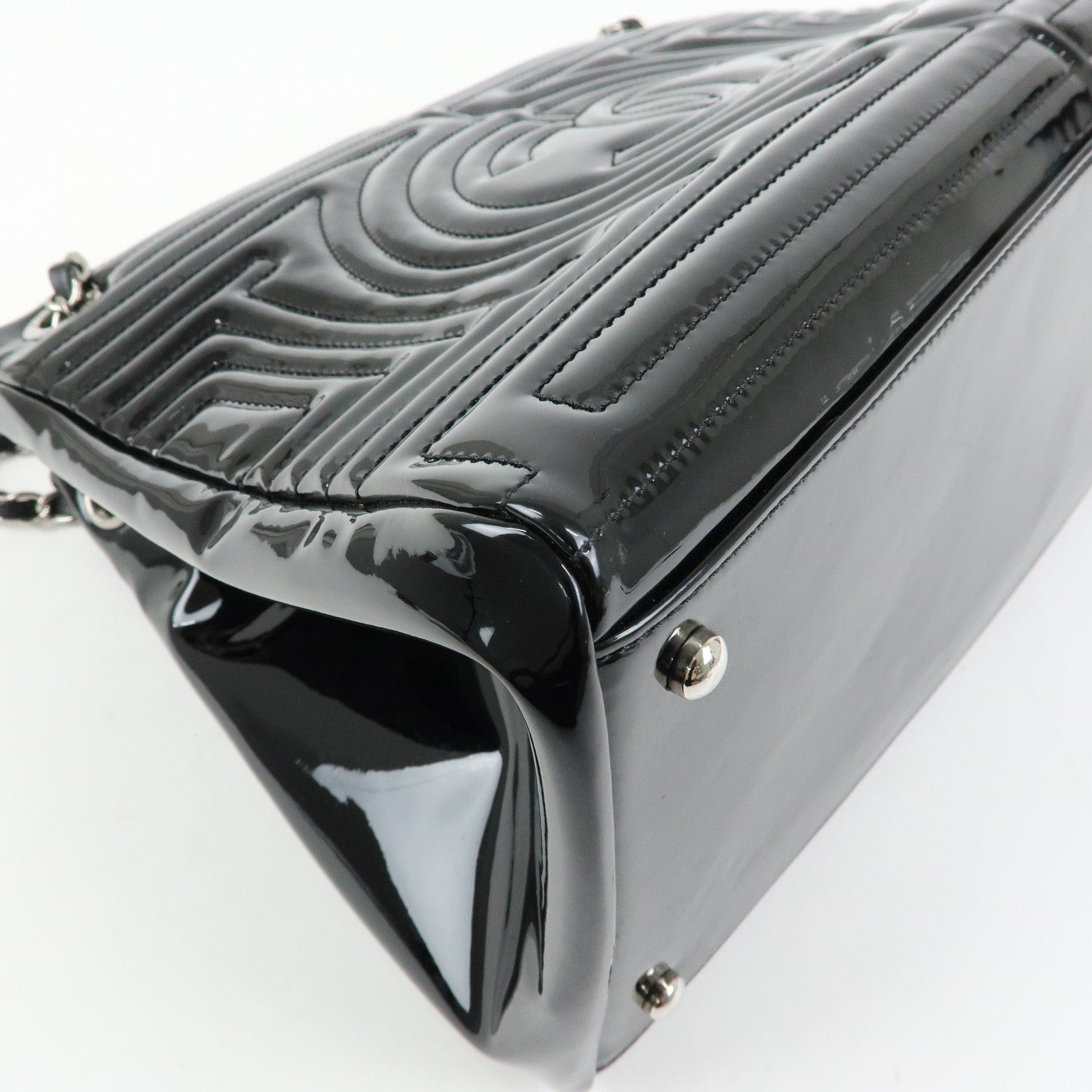 CHANEL COCO Mark Patent Leather Lamb Skin Tote Bag Hand Bag Black