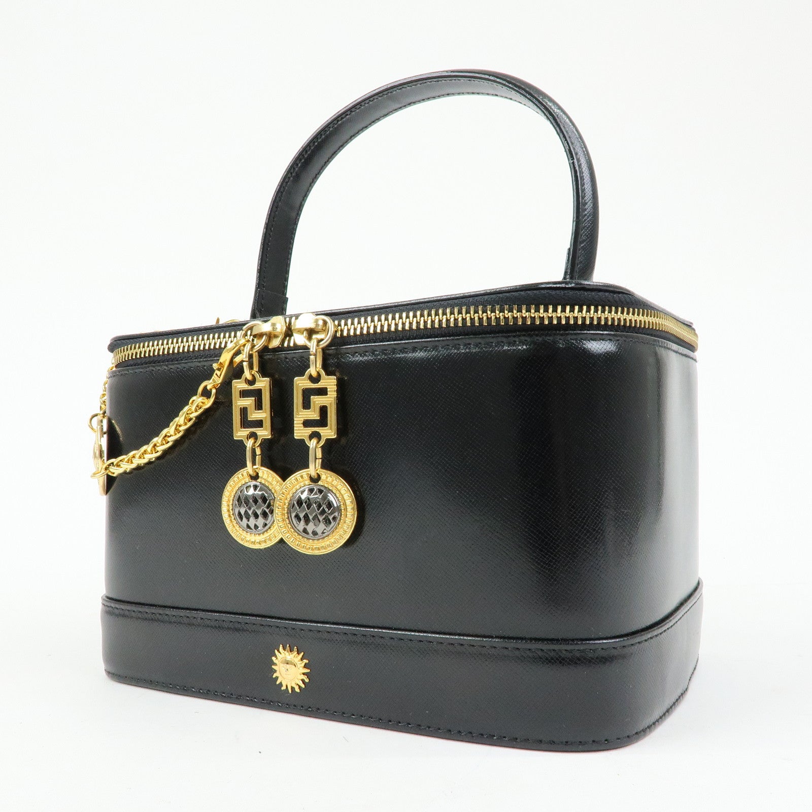 GIANNI VERSACE Leather Hand Bag Vanity Case Gold Charm Black