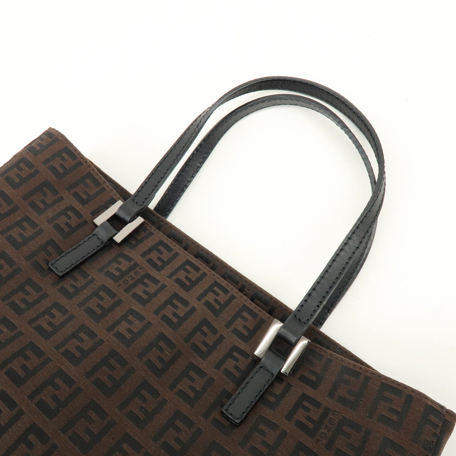 FENDI Zucchino Canvas Leather Tote Bag Shoulder Bag Brown Black