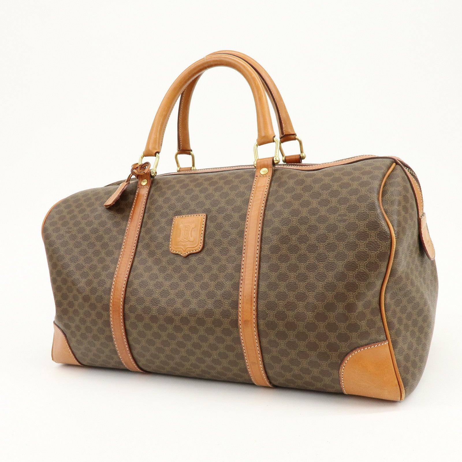 CELINE Macadam PVC Coated Canvas Leather Boston Bag Hand Bag Brown