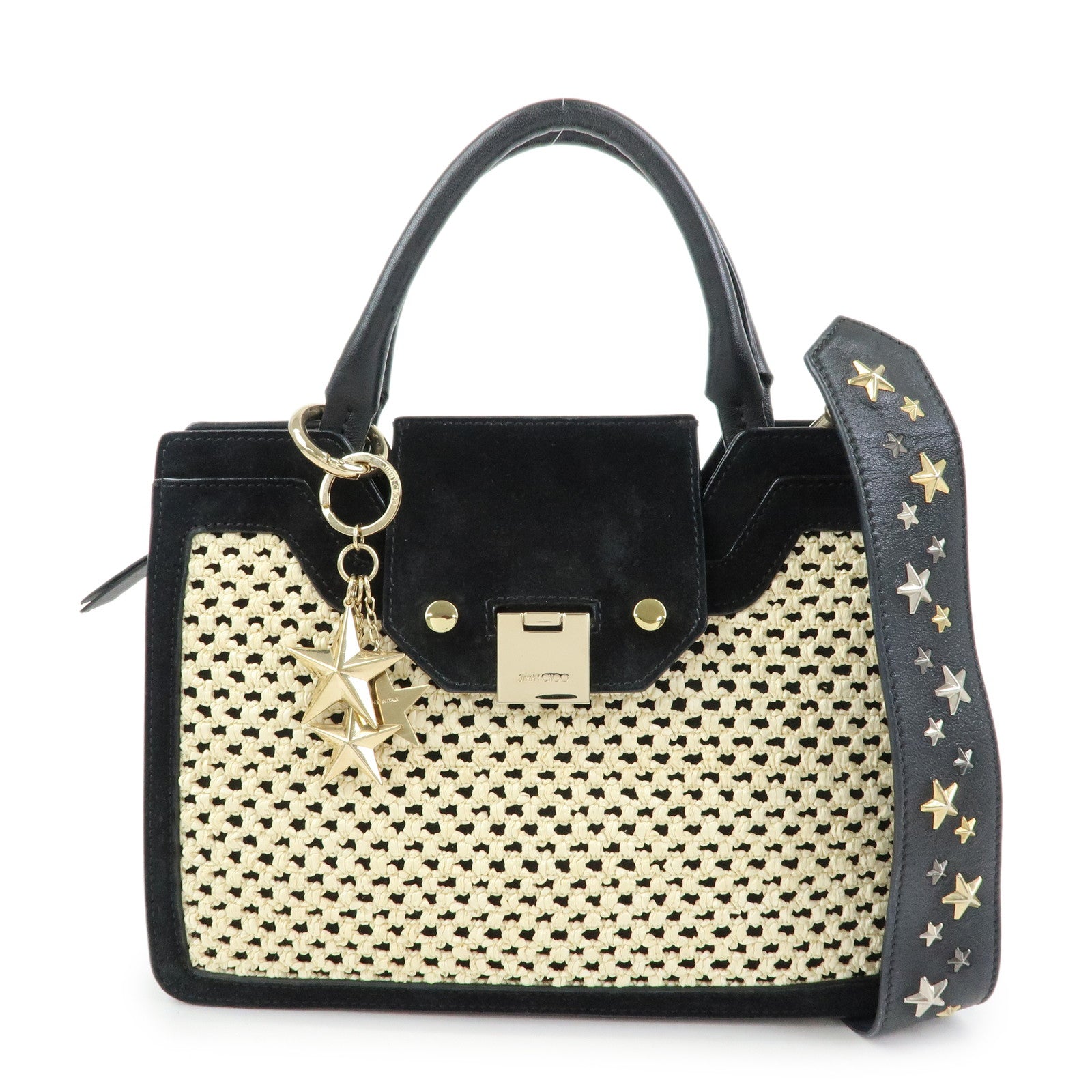 JIMMY CHOO Straw Suede Leather 2Way Bag Hand Bag Natural Black