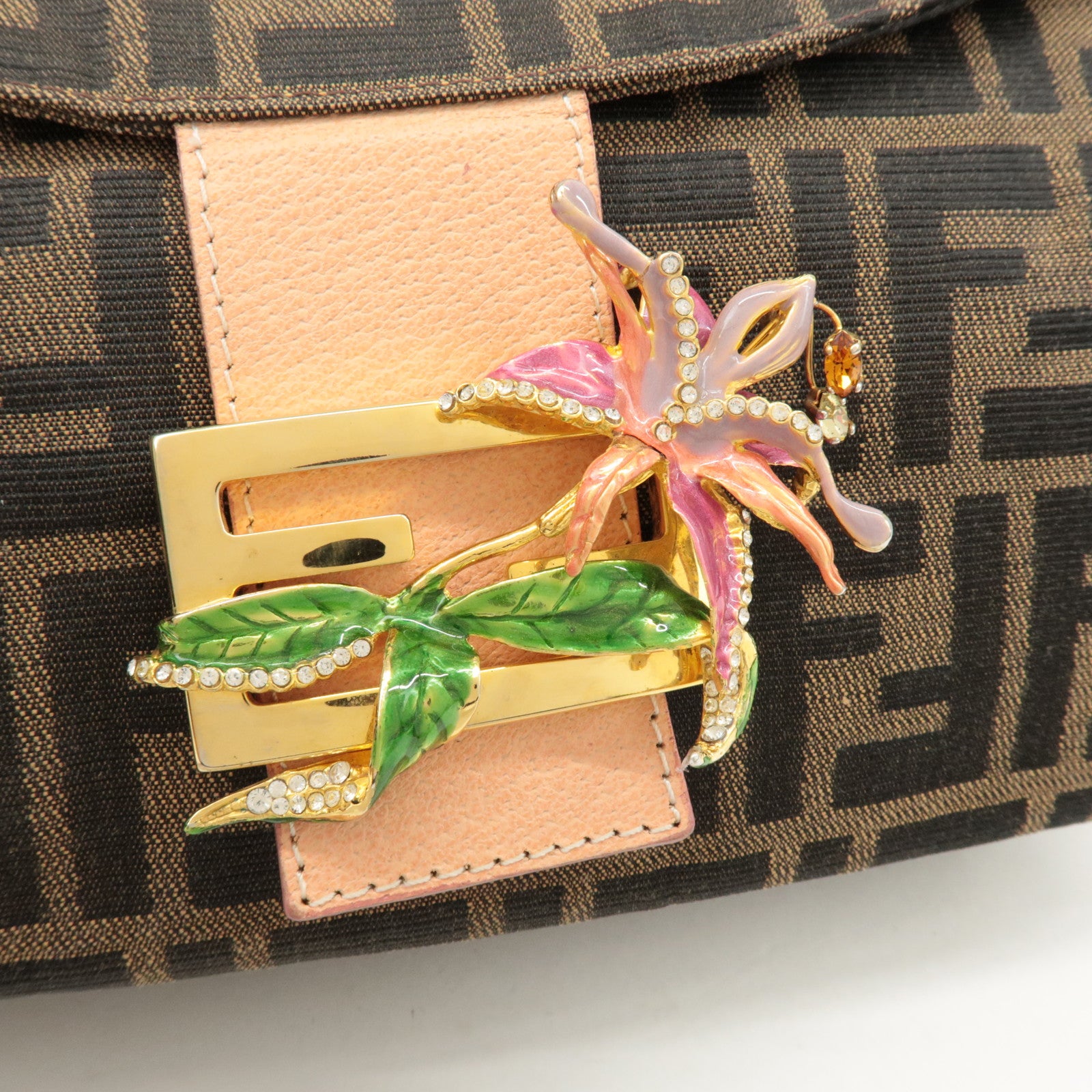FENDI Zucca Canvas Leather Shoulder Bag Brown Pink Beige 26725 Used