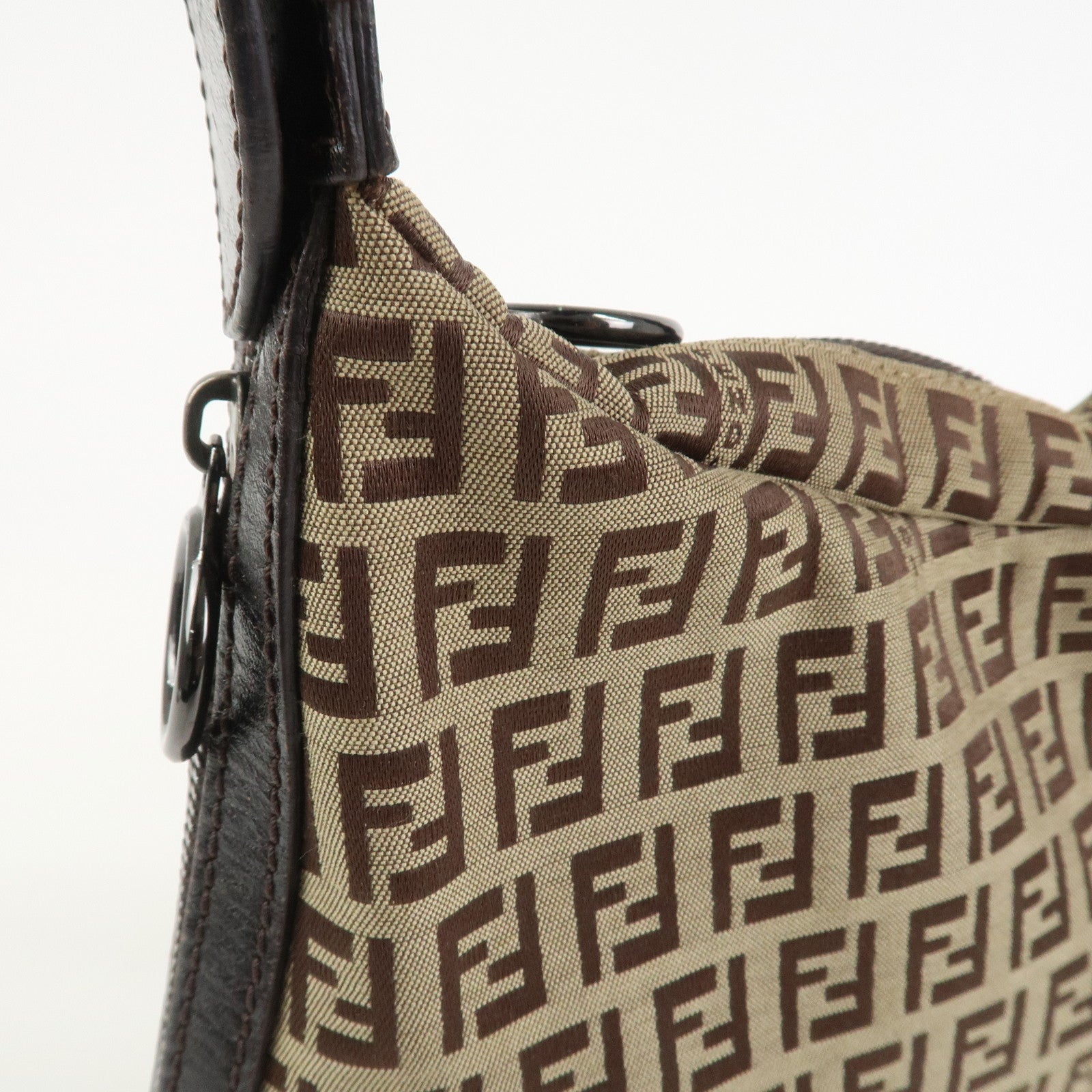 FENDI Zucchino Canvas Leather Shoulder Bag Hand Bag Brown