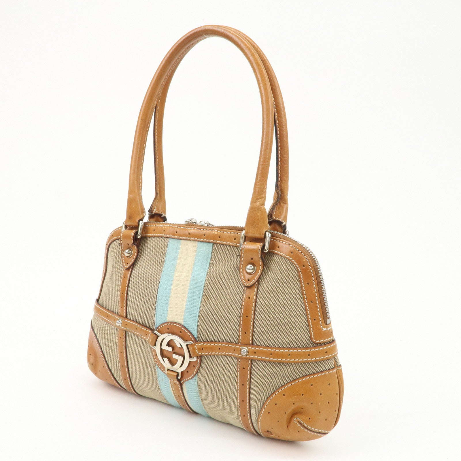 GUCCI Interlocking G Sherry Leather Canvas Hand Bag Beige 114882 Used