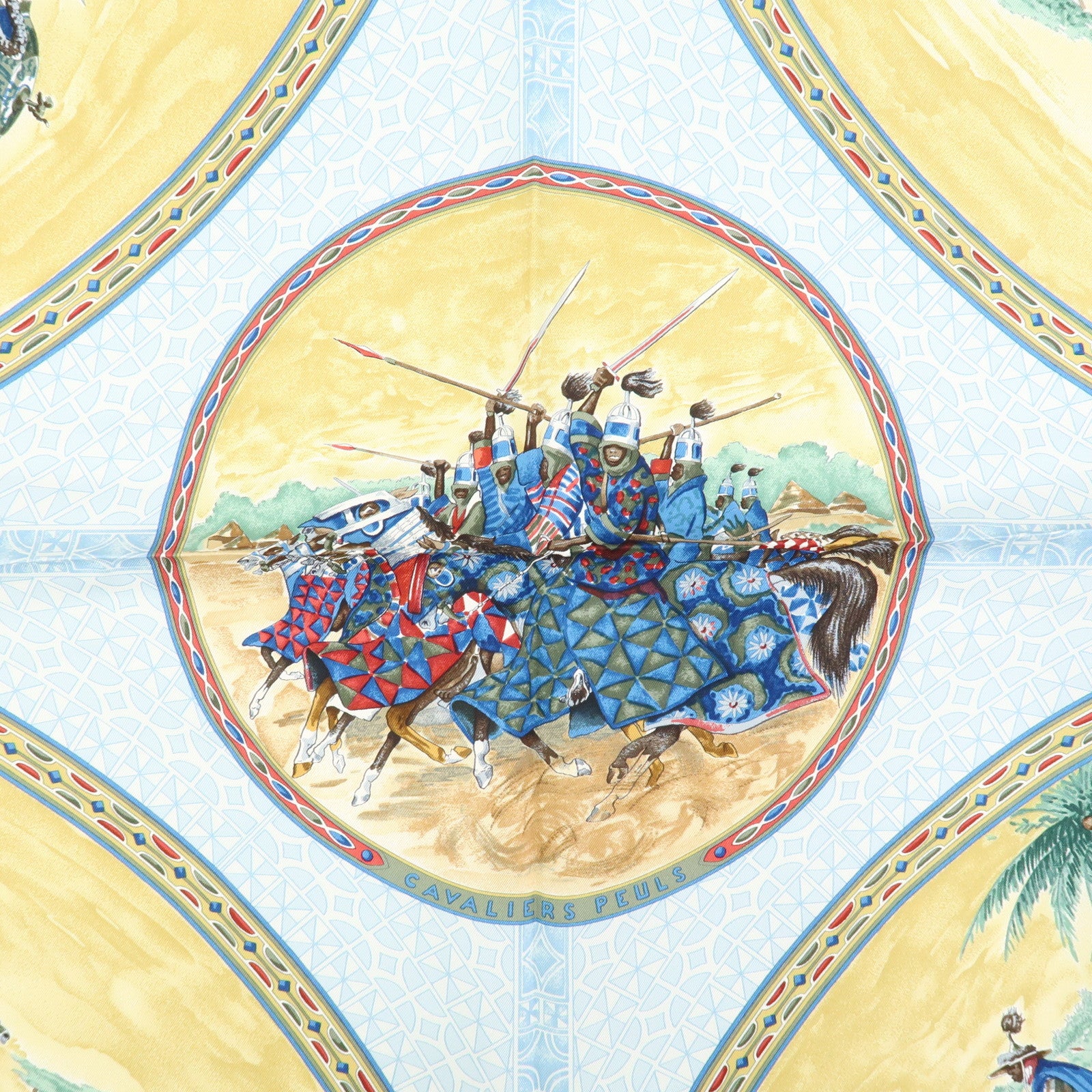 HERMES Carre 90 Silk 100% Scarf CAVALIERS PEULS Blue Yellow