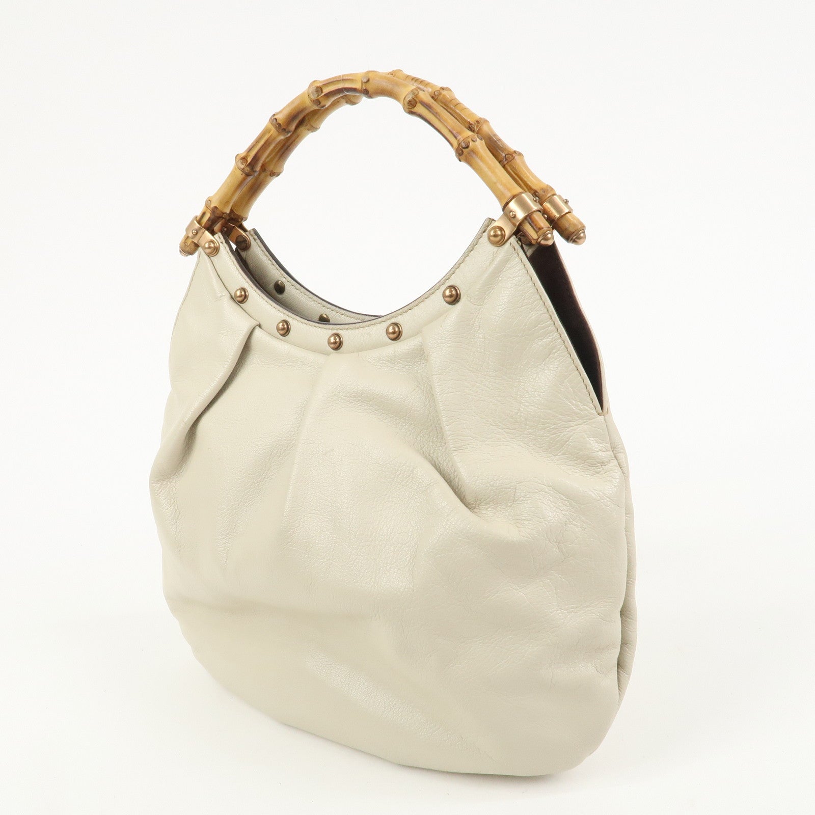 GUCCI Bamboo Leather Studs Shoulder Bag Hand Bag Ivory 124297