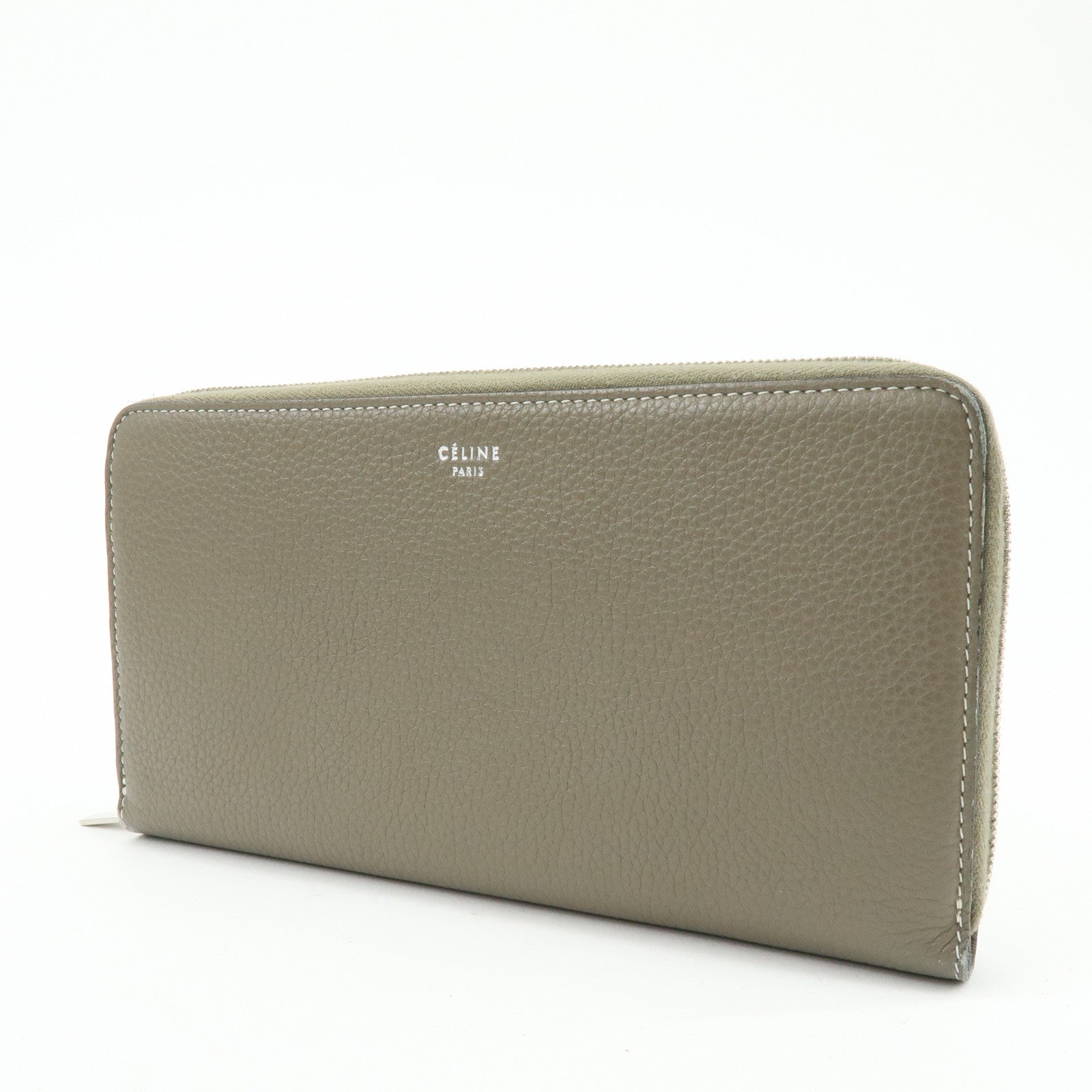 CELINE Logo Claf Leather Round Zippy Long Wallet Greige Beige