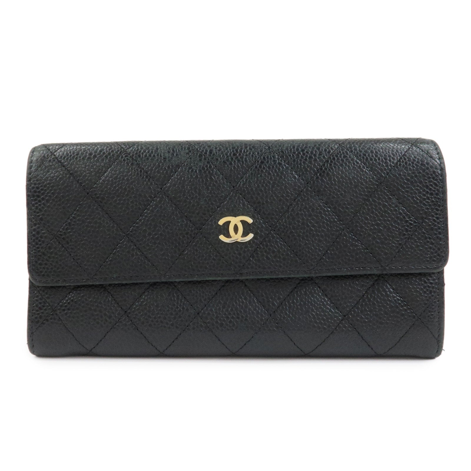 CHANEL COCO Mark Matelasse Caviarskin Long Flap Wallet Black A50096