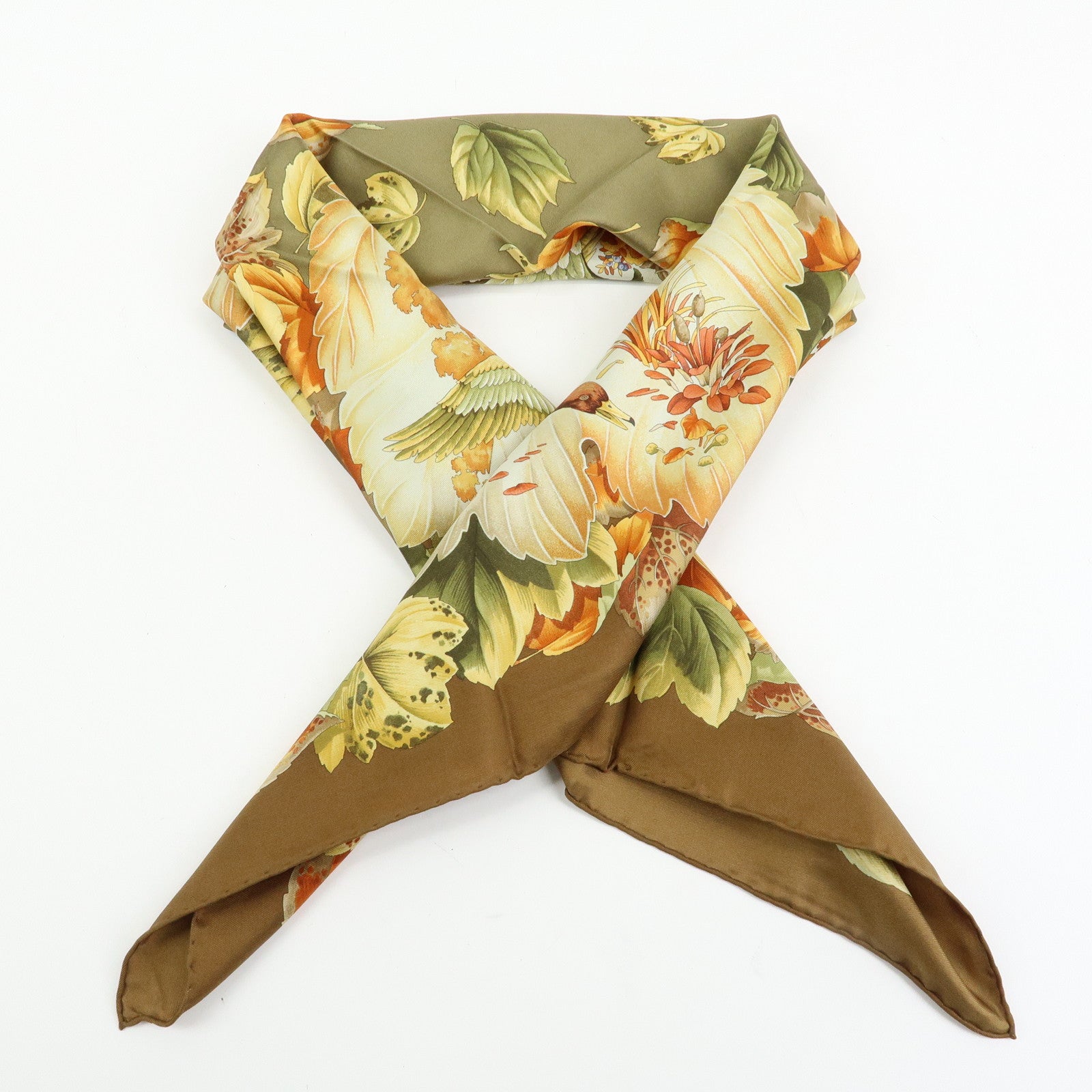 Ferragamo Silk 100% Scarf Autumn Bird And Leaf 85x85 Brown Orange