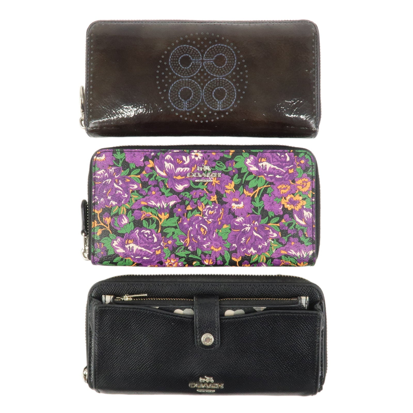 COACH Set of 3 Leather Canvas Long Wallets Black Multicolor