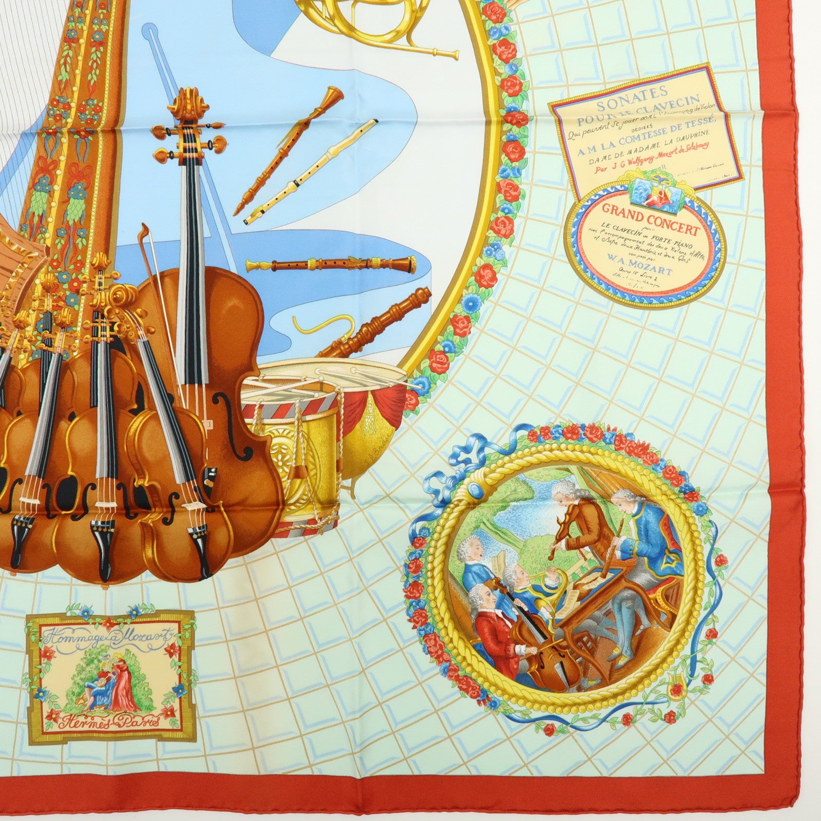 HERMES Carre 90 Silk 100% Scarf Wolfgang Amadeus Mozart Red Brown