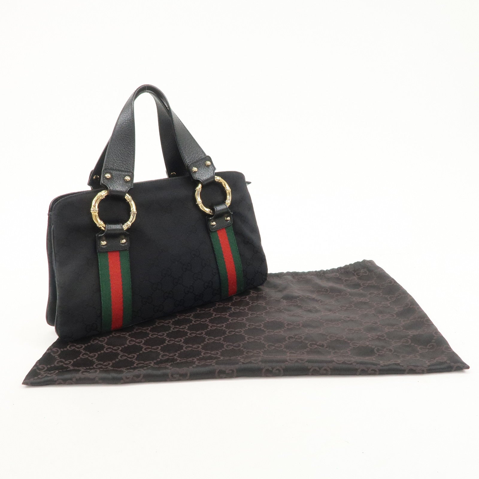 GUCCI Sherry Canvas Leather Tote Bag Hand Bag Black 131324 Used
