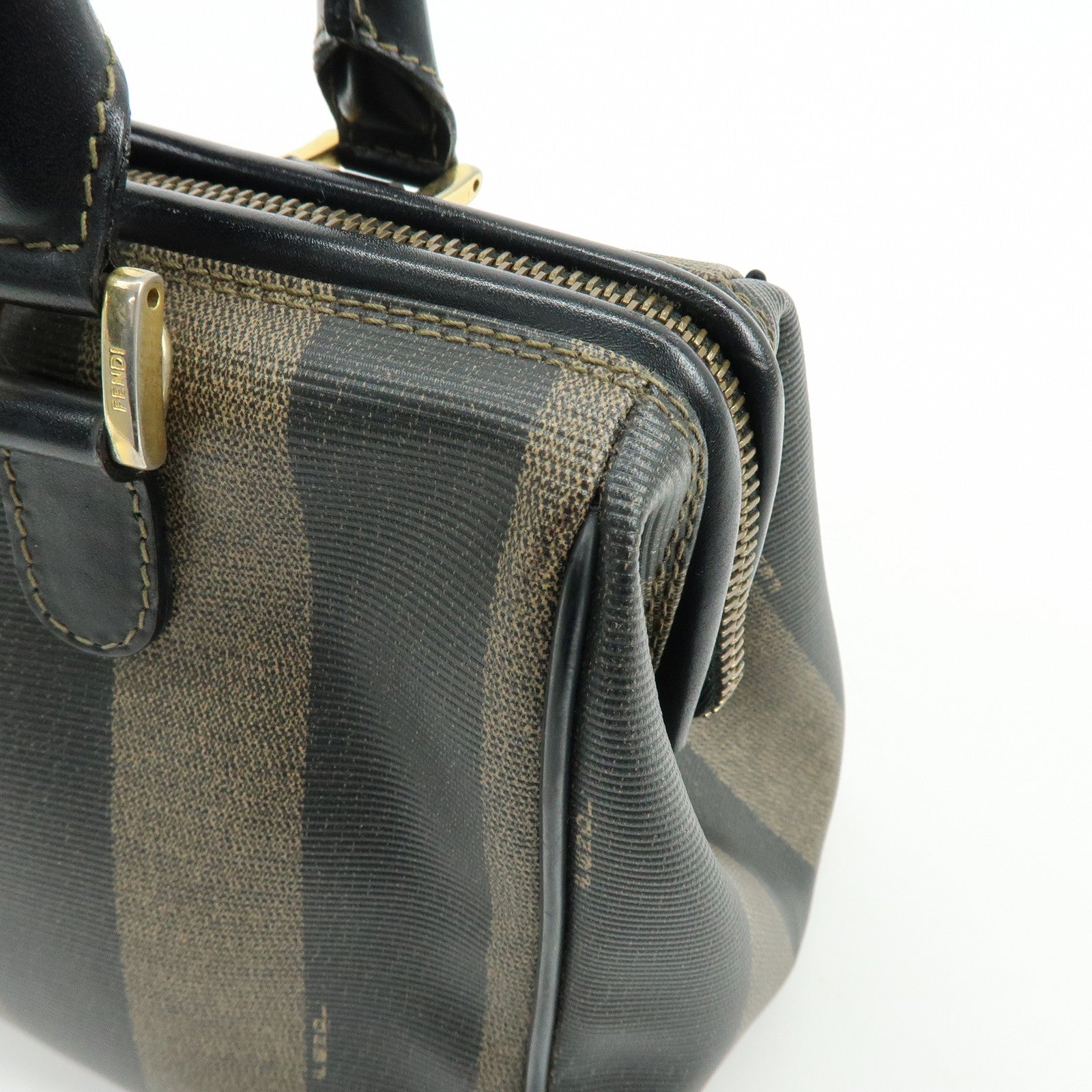 FENDI Pequin PVC Leather Boston Bag Hand Bag Black Brown