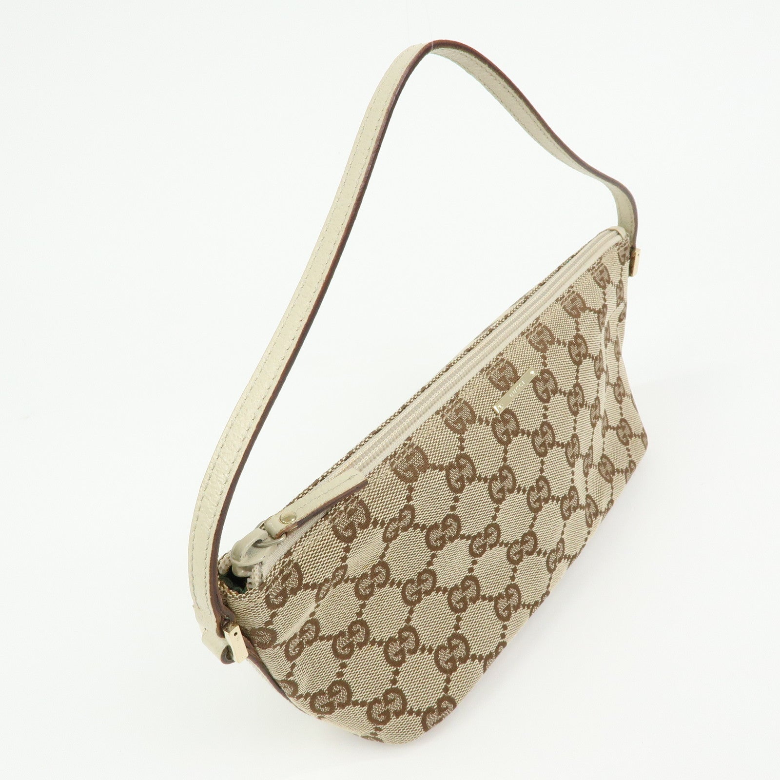 GUCCI Boat Bag GG Canvas Leather Hand Bag Pouch Brown Ivory 07198