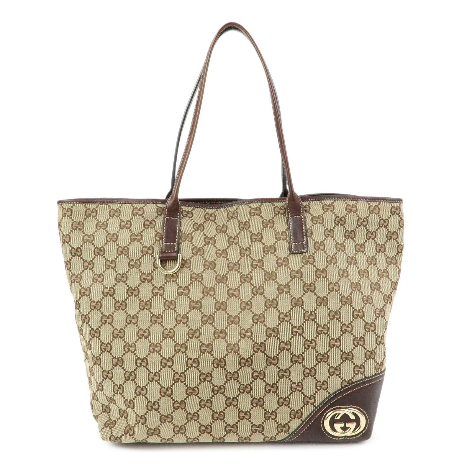 GUCCI Interlocking G Canvas Leather Tote Shoulder Bag Beige 169945