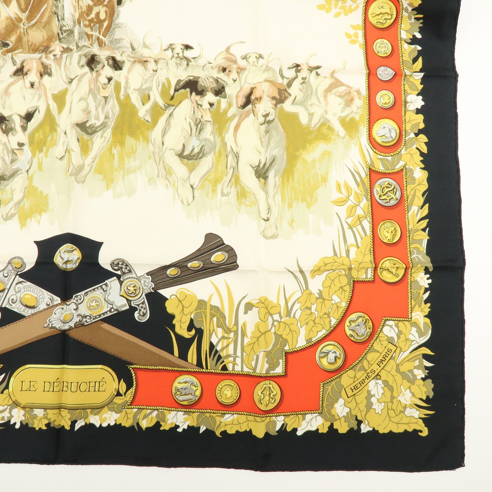 HERMES Carre 90 Silk 100% Scarf Le Debuche Black Red Beige