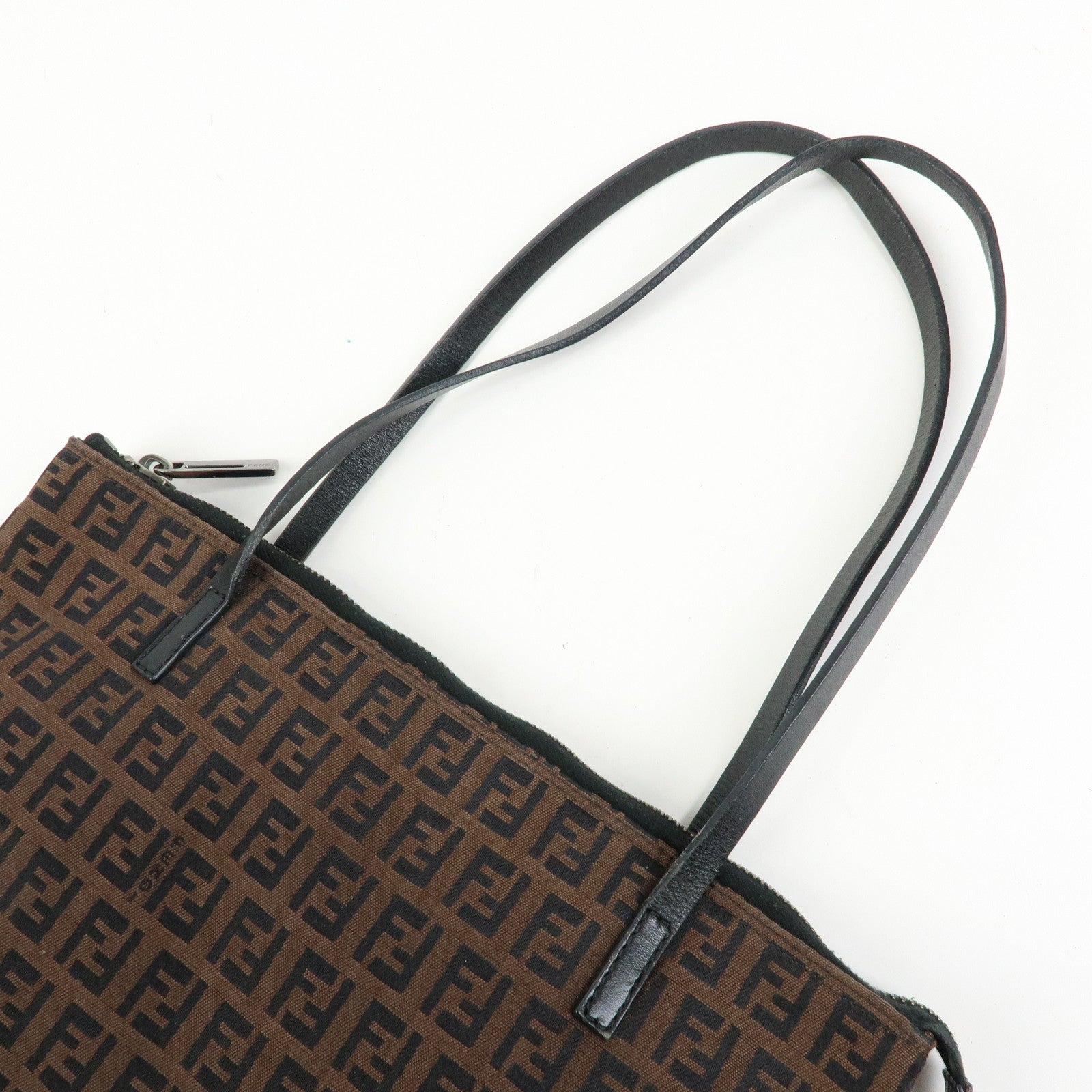 FENDI Zucchino Canvas Leather Tote Bag Hand Bag Brown Black 8BH022