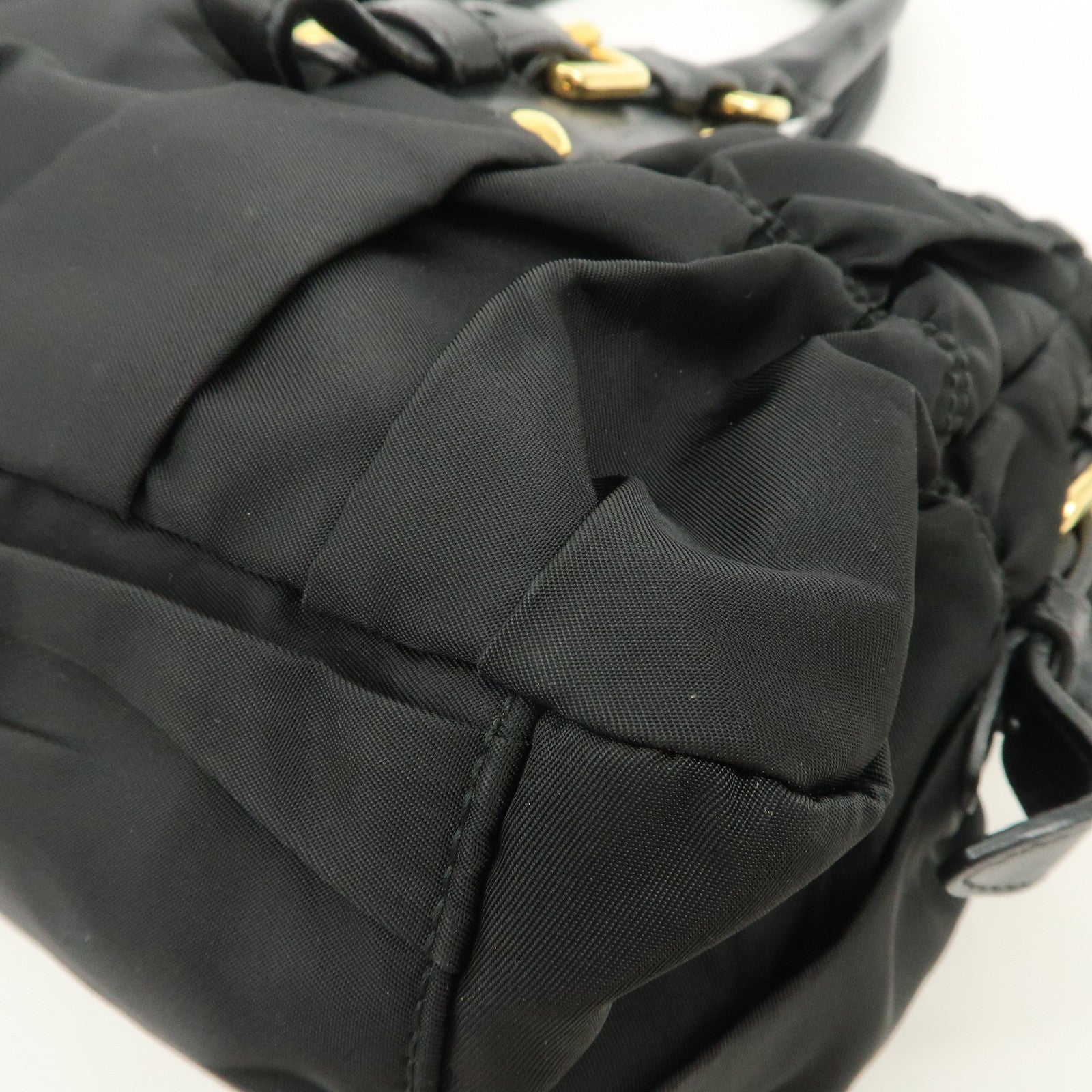 PRADA Nylon Leather Gathered 2Way Hand Shoulder Bag Black BN1407