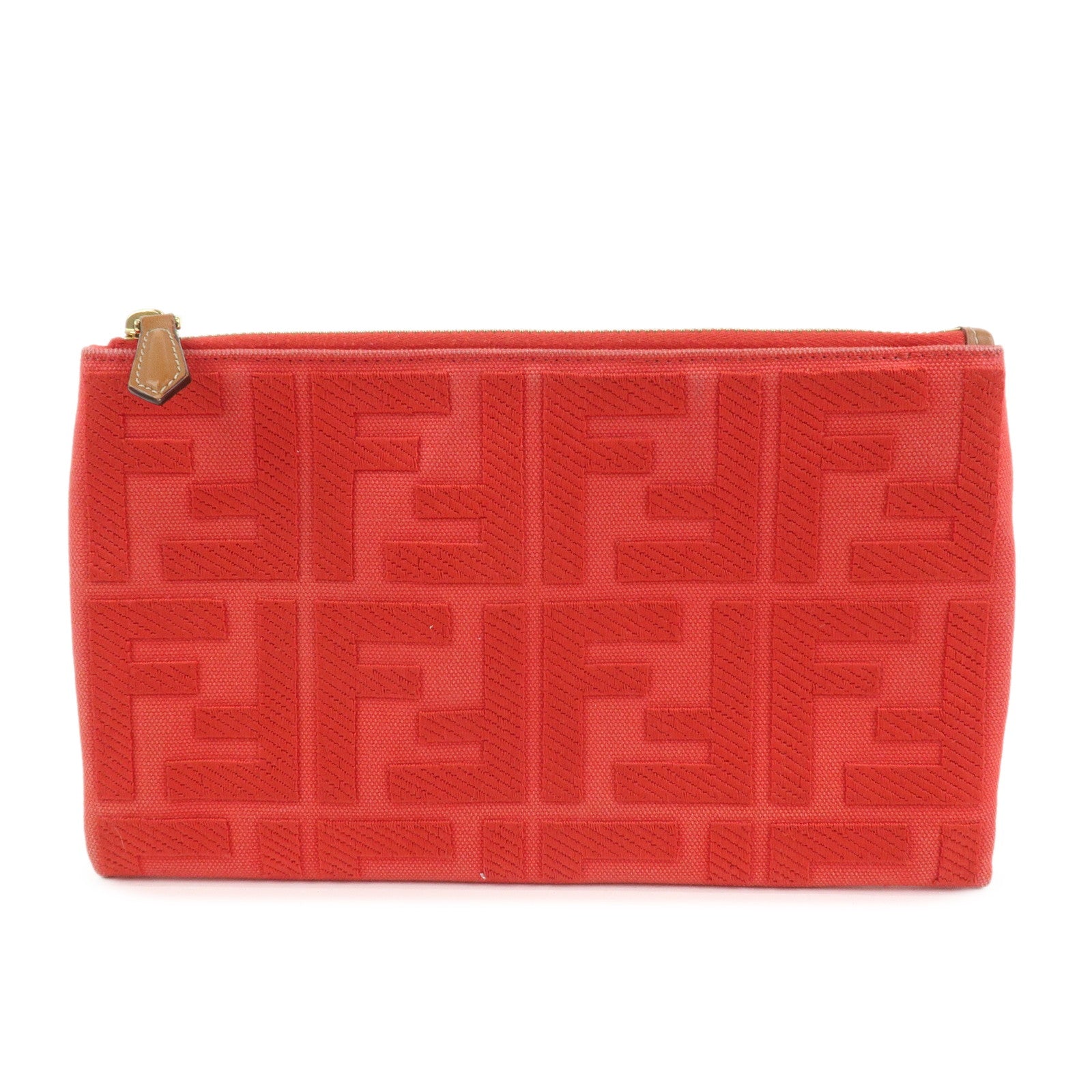 FENDI Zucca Canvas Leather Clutch Bag Cosmetic Bag Red 8N0148