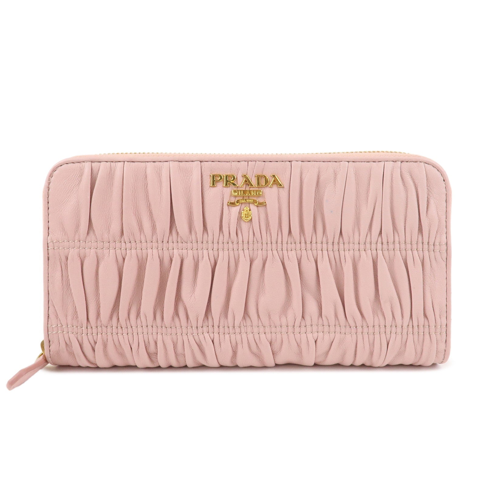 PRADA Leather Gather Round Zippy Wallet Gold Hardware Pink 1M0506 Used