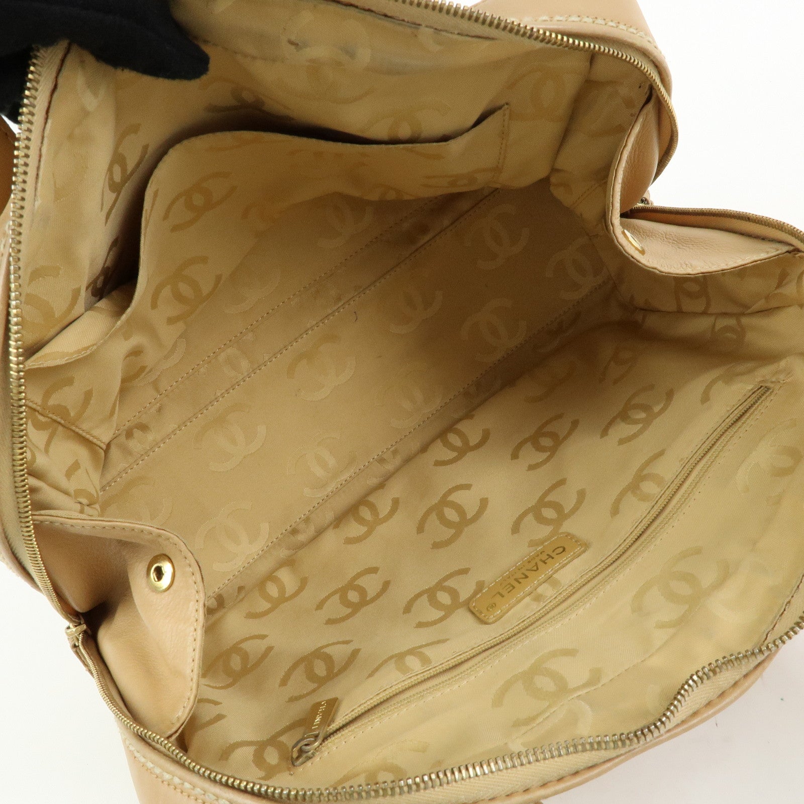 CHANEL Wild Stitch Calf Leather Boston Bag Hand Bag Beige