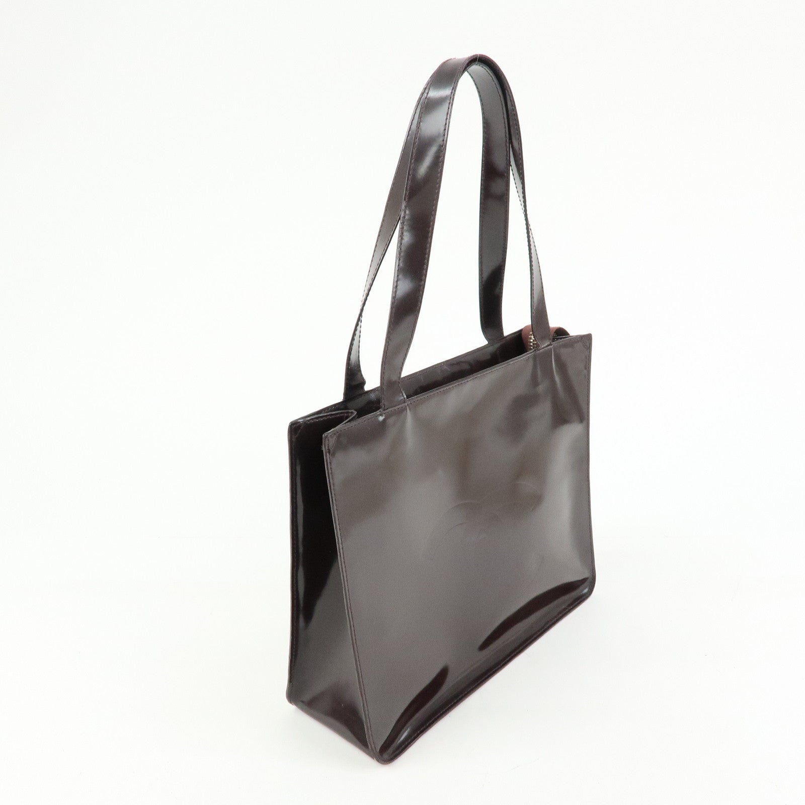 CHANEL Logo Patent Leather Tote Bag Shoulder Bag Brown