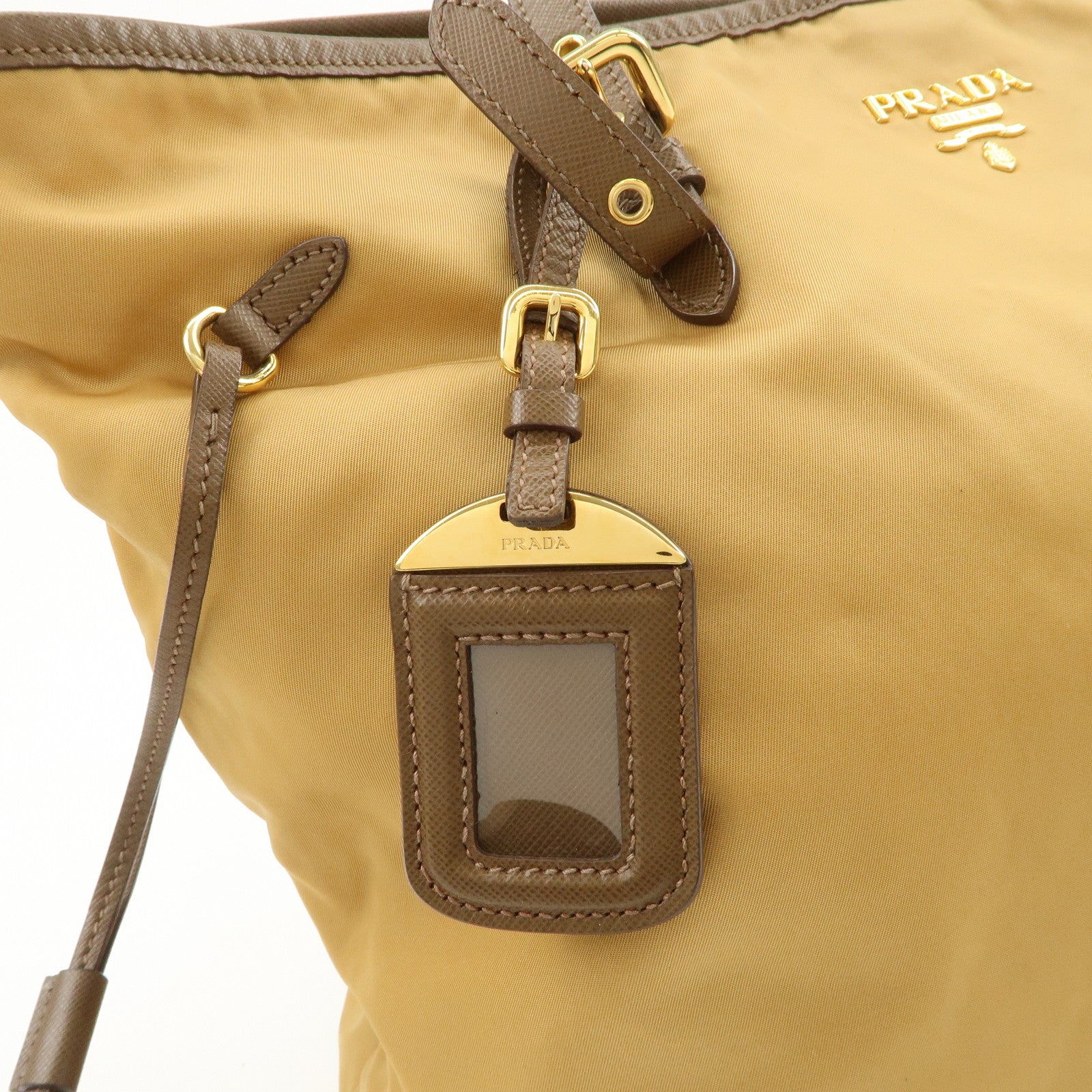 PRADA Logo Nylon Saffiano Leather Tote Bag Shoulder Bag Light Brown