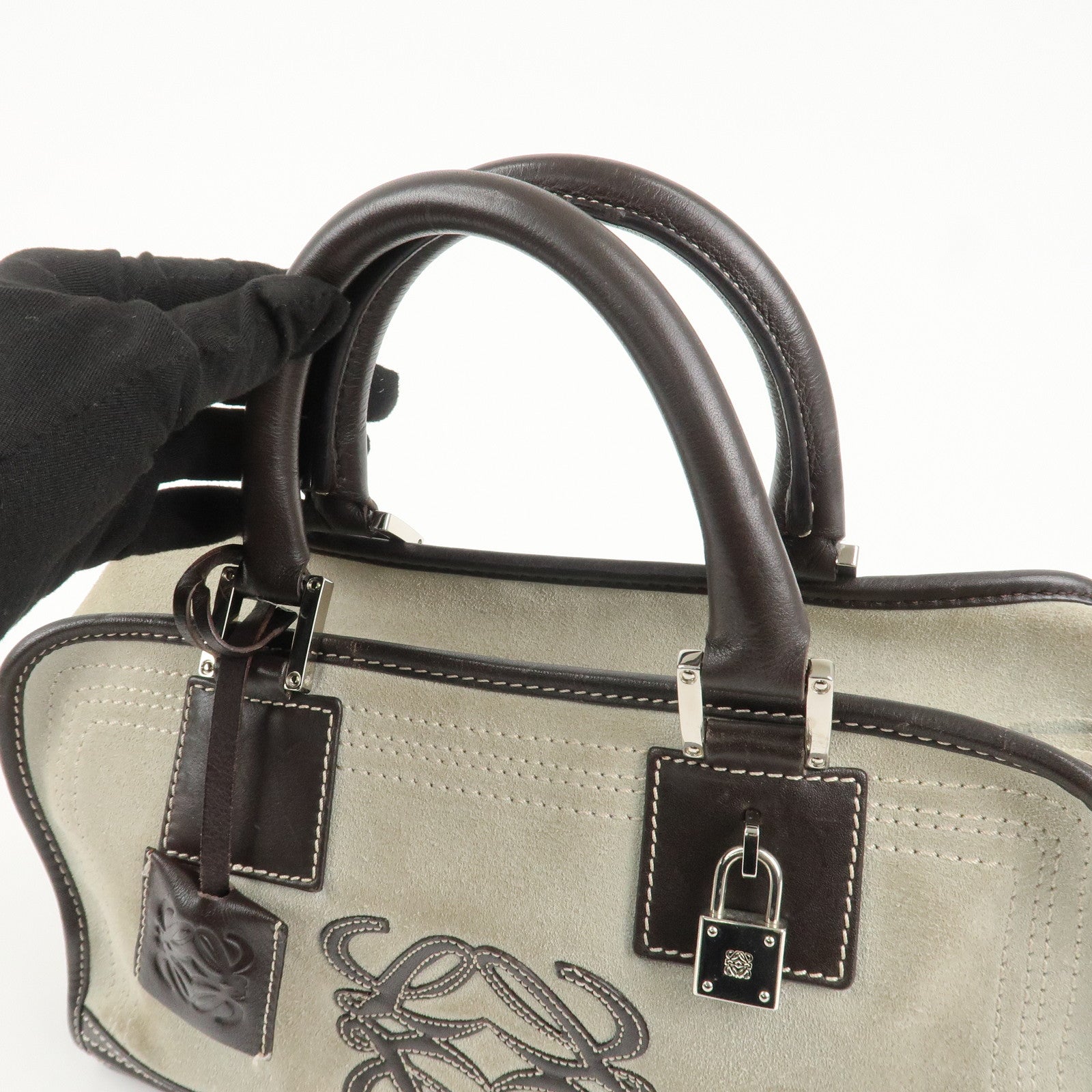 LOEWE Anagram Amazona 28 Suede Leather Hand Bag Ivory Brown Used