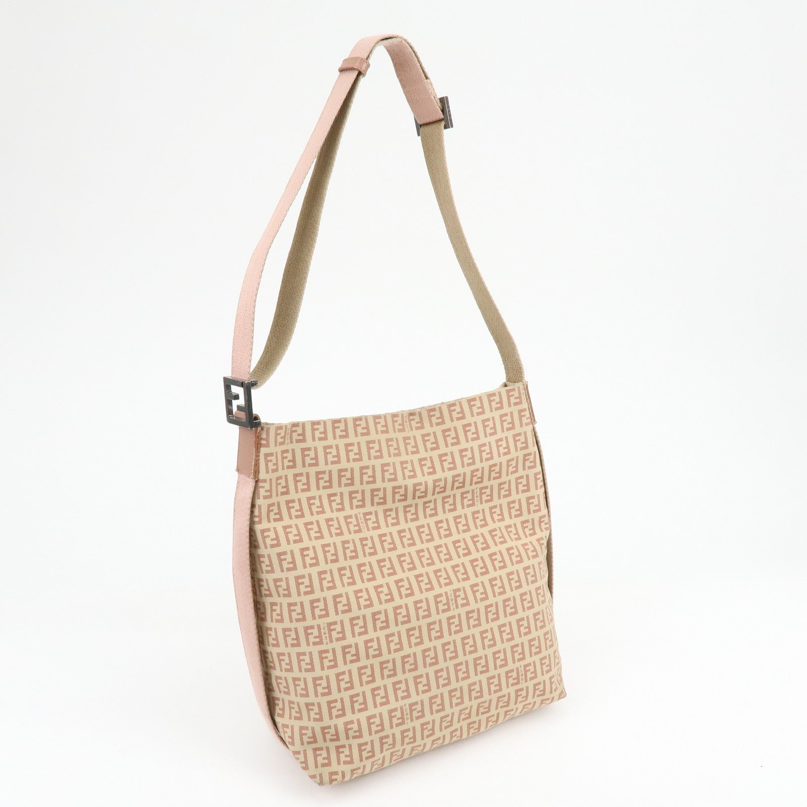 FENDI Zucchino Canvas Leather Shoulder Bag Beige Pink 8BR318