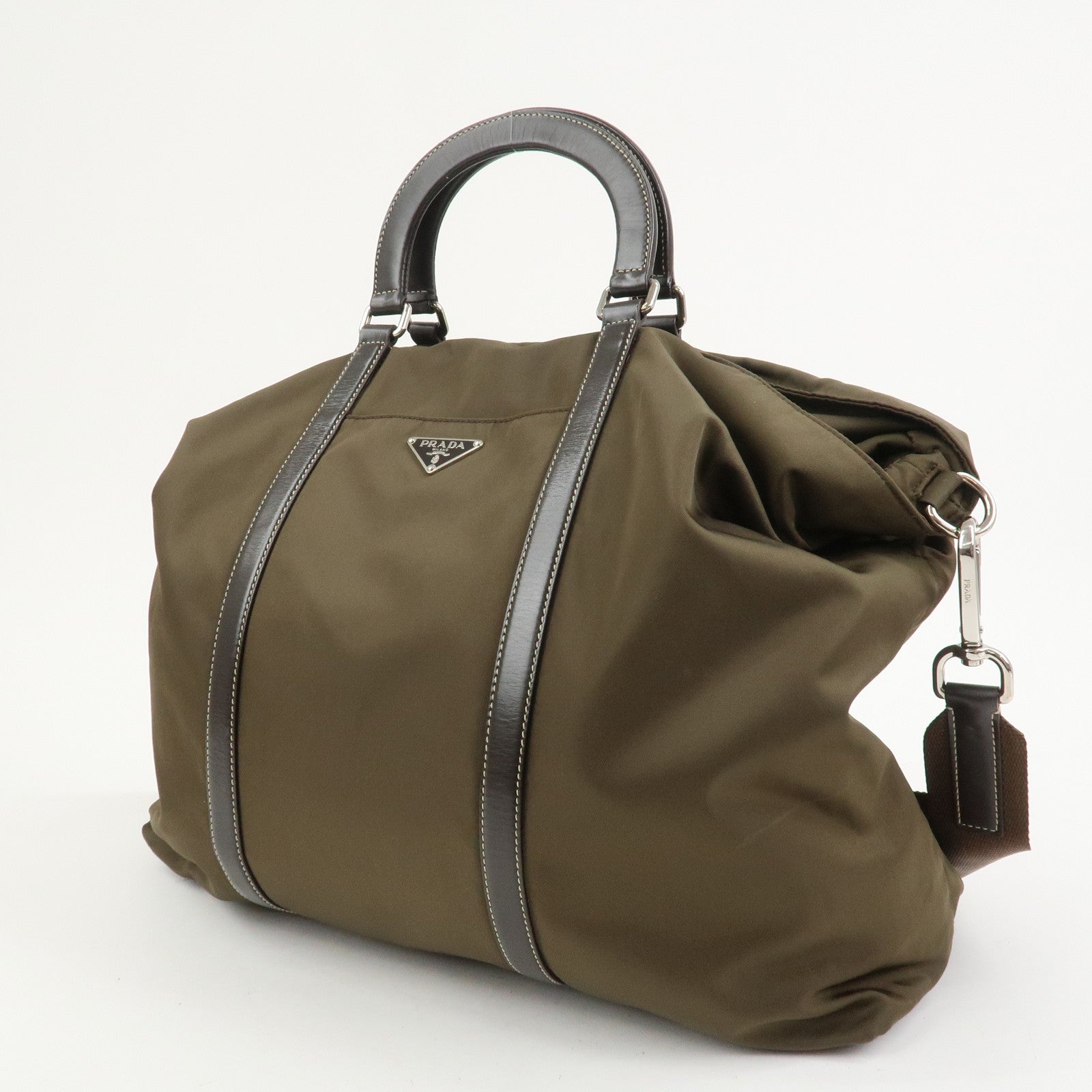 PRADA Triangle Logo Nylon Leather 2Way Hand Bag Shoulder Bag Khaki