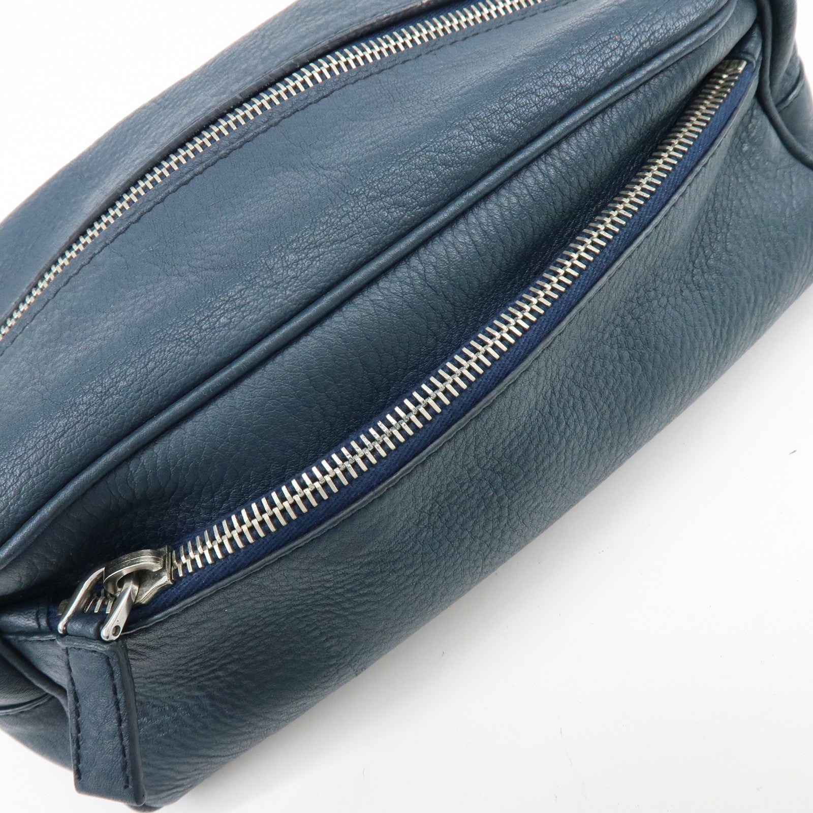 PRADA Triangle Logo Leather Cosmetic Pouch Accessory Pouch Navy