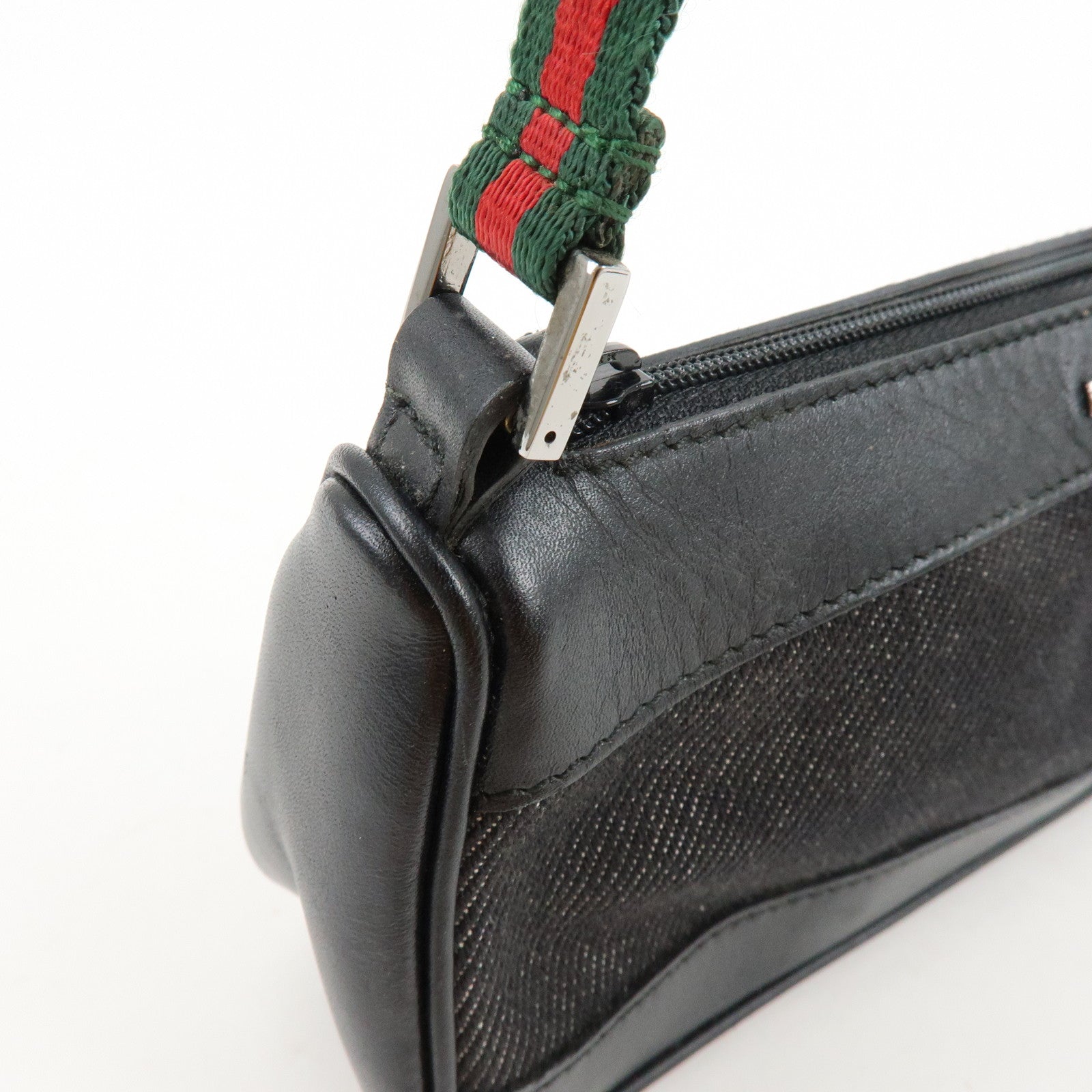 GUCCI Sherry Leather Denim Accessory Pouch Hand Bag Black 92820
