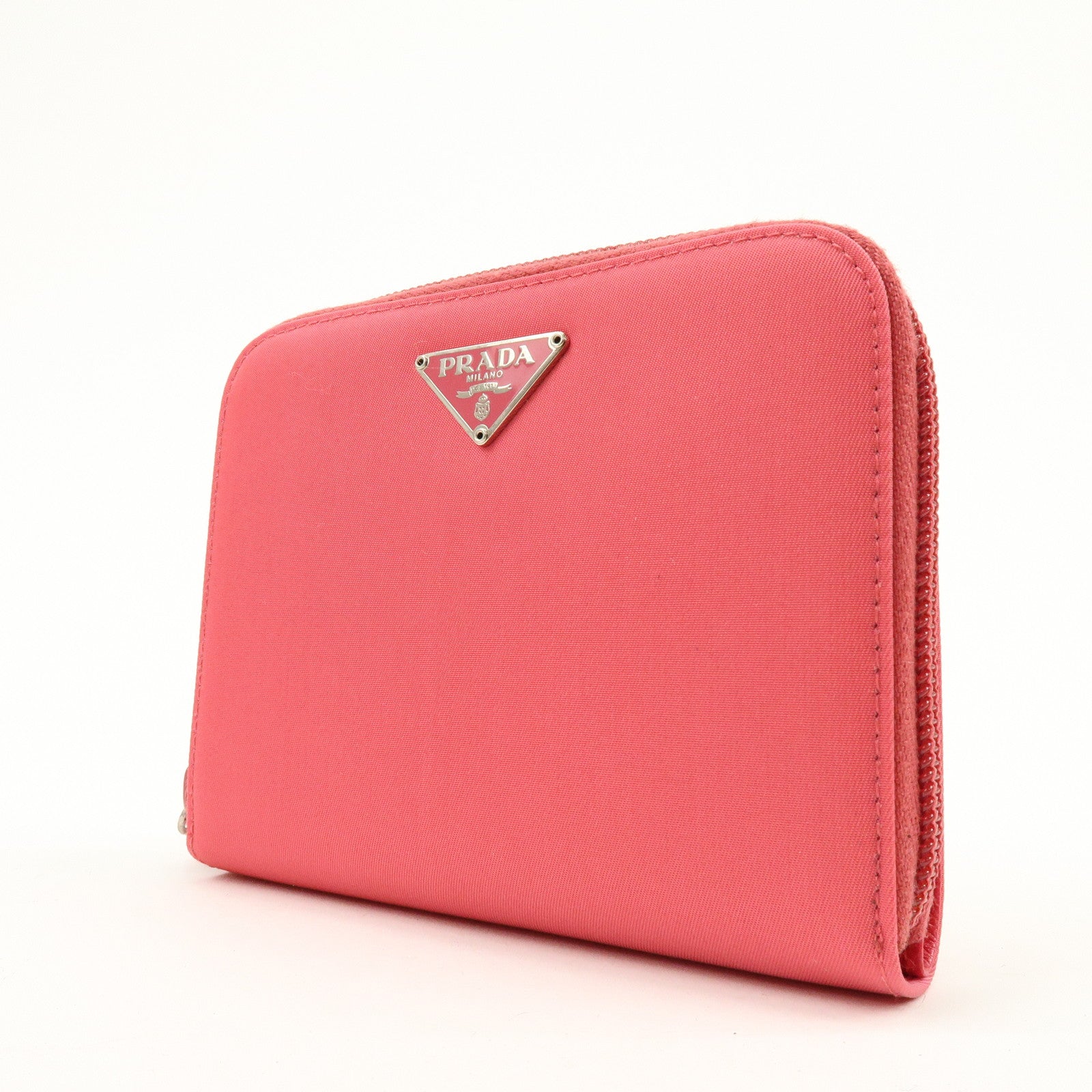 PRADA Triangle Logo Nylon Leather Round Zippy Compact Wallet Pink