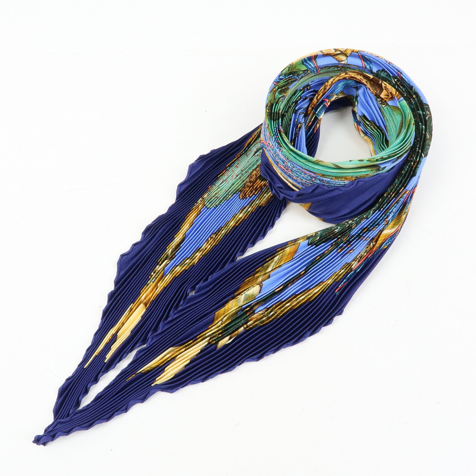 HERMES Pleated Carre 90 Silk 100% Scarf Jardin Creole Navy