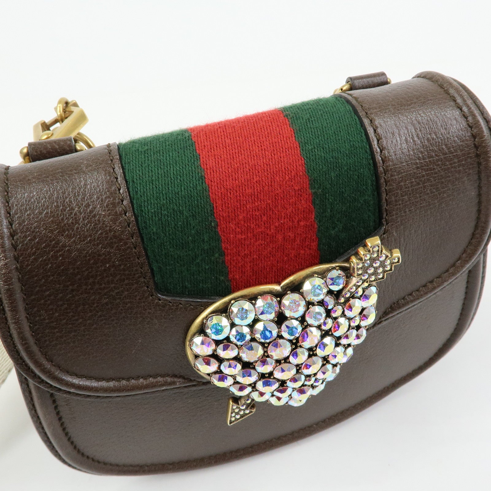 GUCCI Sherry Leather Shoulder Bag Totem Crystal Heart Brown 500756