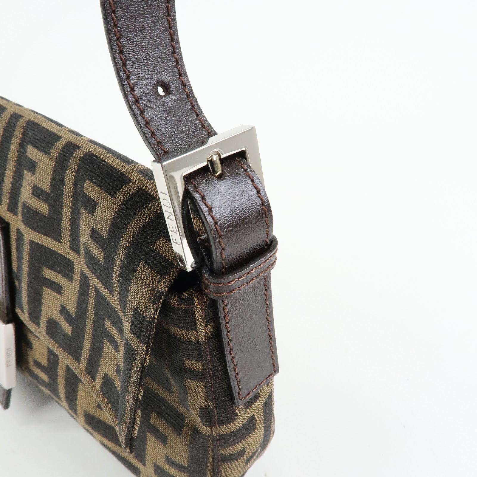 FENDI Mamma Baguette Zucca Canvas Leather Shoulder Bag Brown 26424