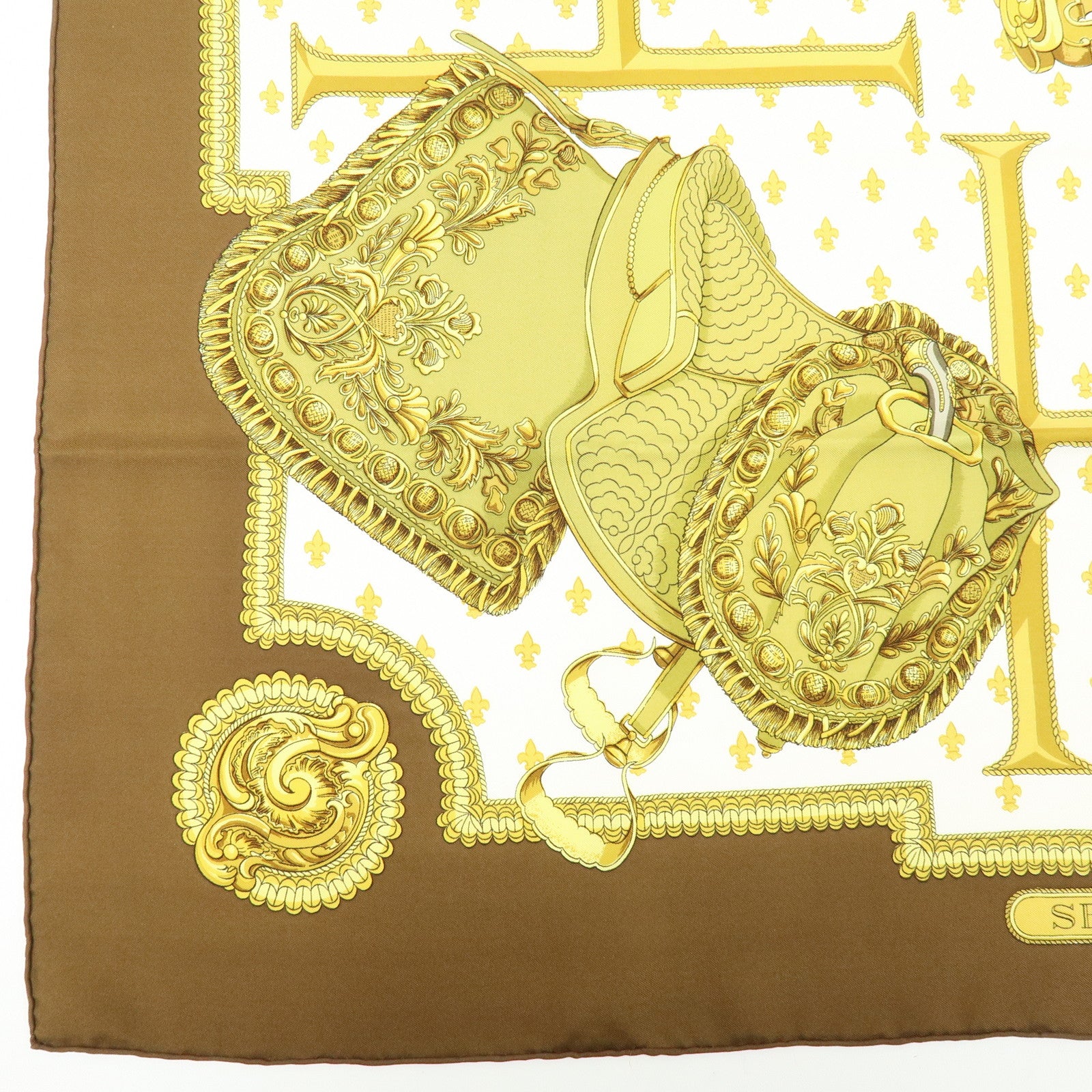 HERMES Carre 90 Silk 100% Scarf SELLES A HOUSSE Gold Brown