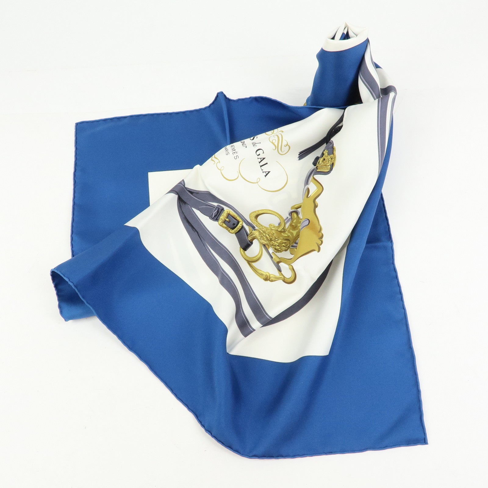 HERMES Carre 90 Silk 100% Scarf  BRIDES DE GALA Blue White