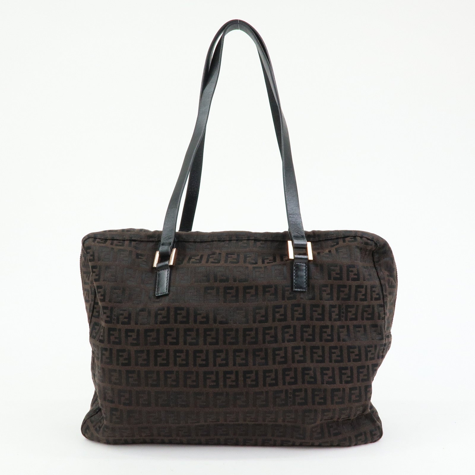 FENDI Zucchino Canvas Leather Tote Shoulder Boston Bag Brown 8BH031