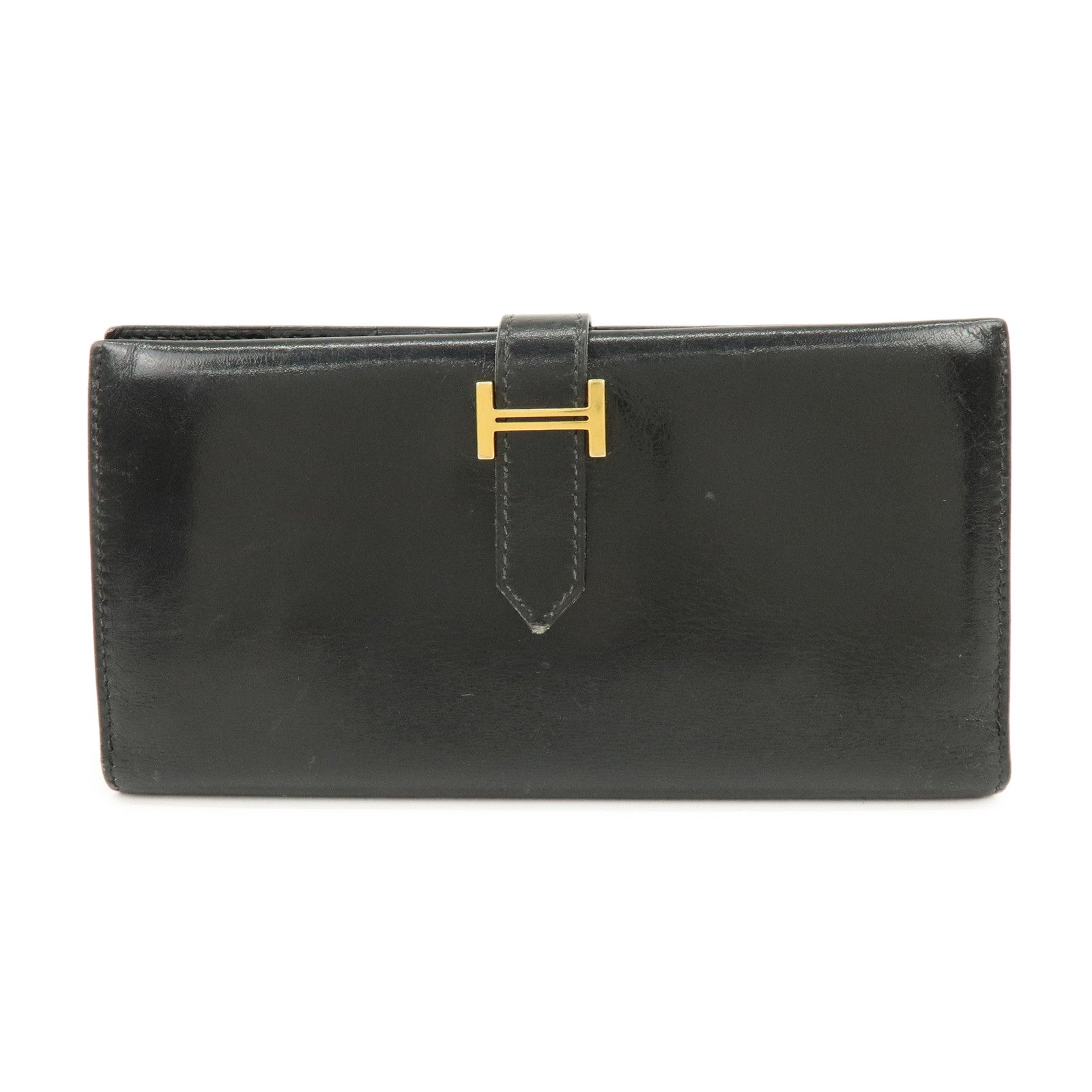 HERMES Bearn Box Calf Bi-fold Long Wallet □F Stamped Black