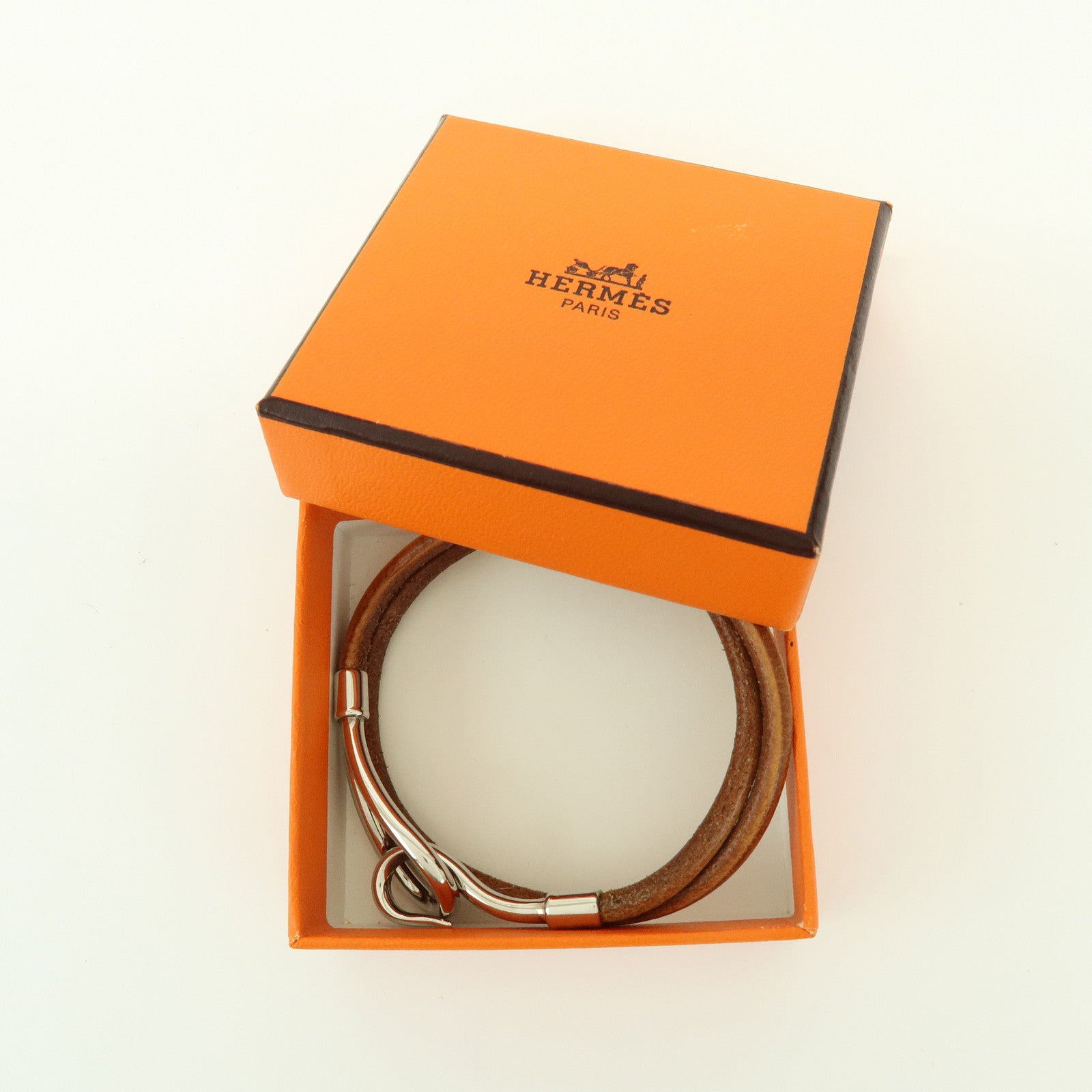 HERMES Jumbo Leather Metal Choker Bracelet Brown