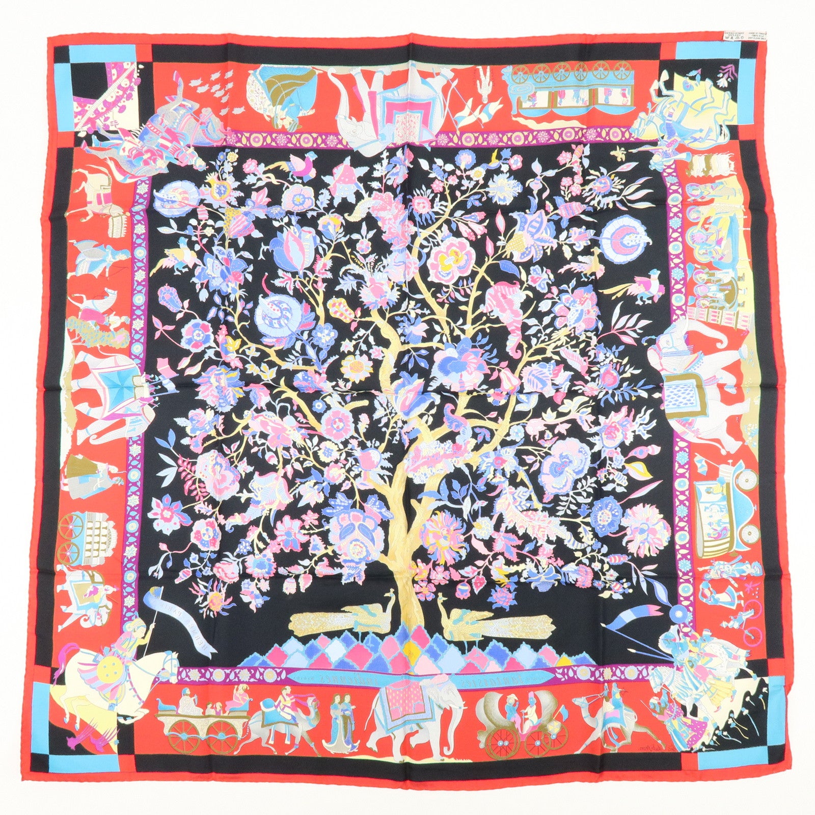 HERMES Carre 90 Silk 100% Scarf Fantaisies indiennes Black Red Blue